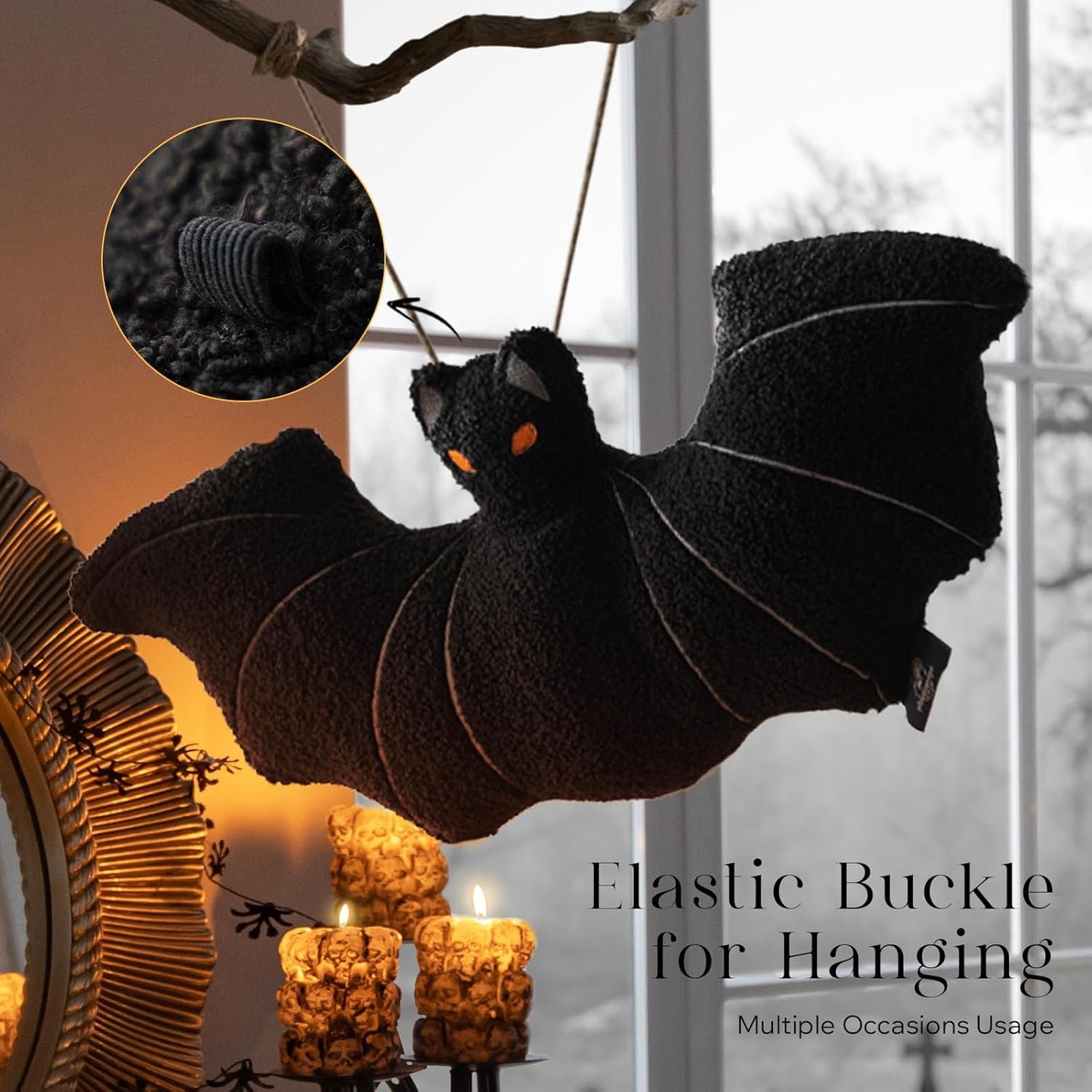 Phantoscope Happy Halloween Bat Shaped Throw Pillow, Teddy Fleece Embroidery Decorative Halloween Pillow for Couch, Sofa, Bed, Black 12 X 25.5 Inches