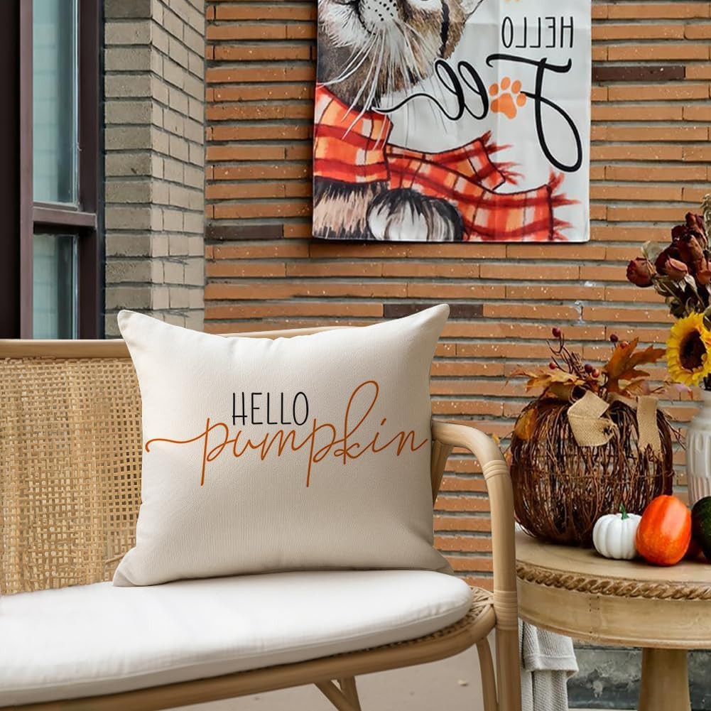 RABUSOFA Fall Pillow Covers 20X20 Hello Pumpkin Autum Pillows Decorative Throw Pillows,Outdoor Thanksgiving Cushion Cover Farmhosue Fall Decorations for Home Couch Sofa Square White