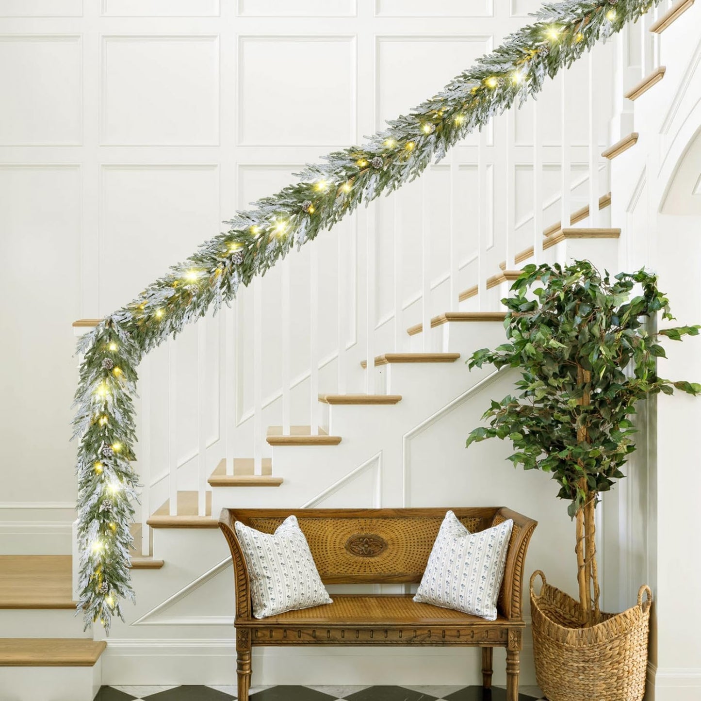 Yoleshy 6FT Real Touch Norfolk Pine Garland with Pinecone and White Snow Battery Operated Prelit Christmas Decorations for Mantle Fireplace