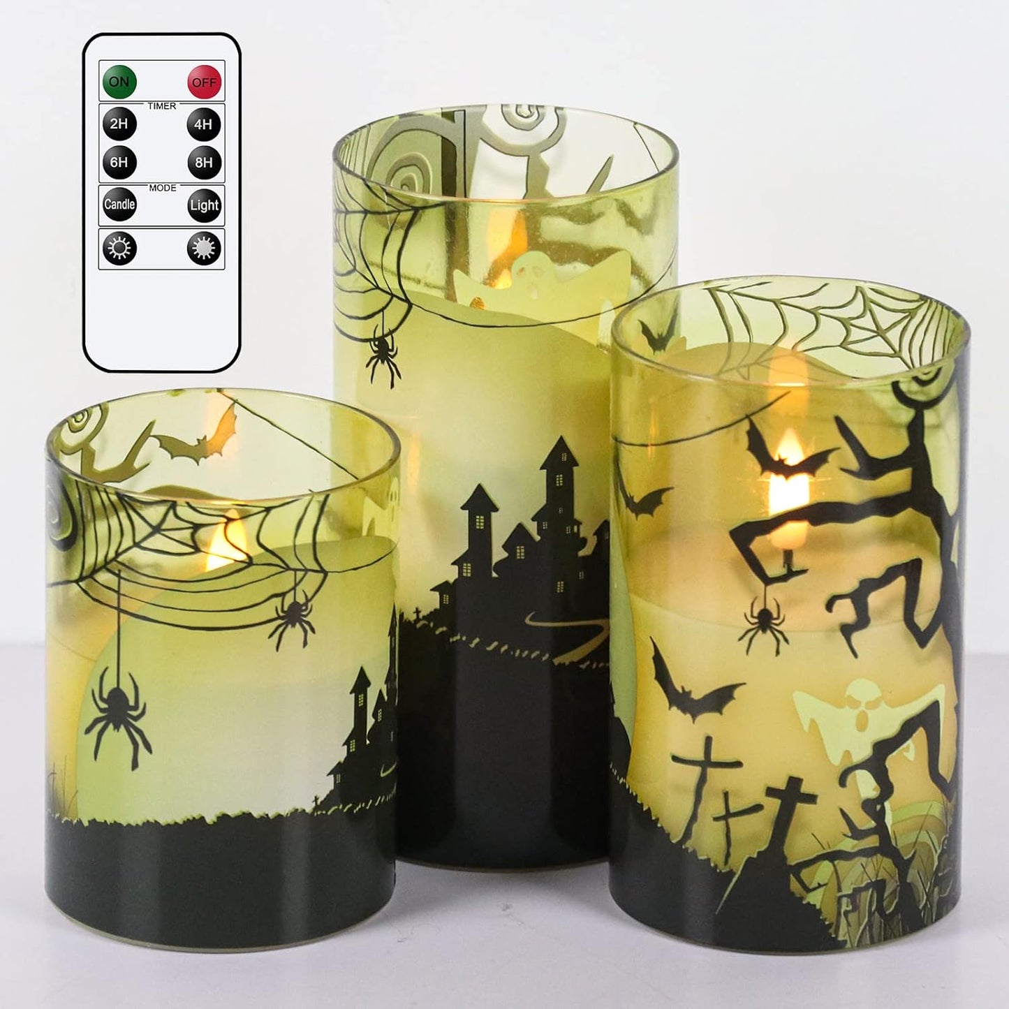 Eldnacele Halloween LED Flameless Flickering Candles Battery Operated with 6H Timer Skull Spider Web Crow Raven Spooky Decals Halloween Themed Indoor Decoration(3 Pack, D3 X H6)