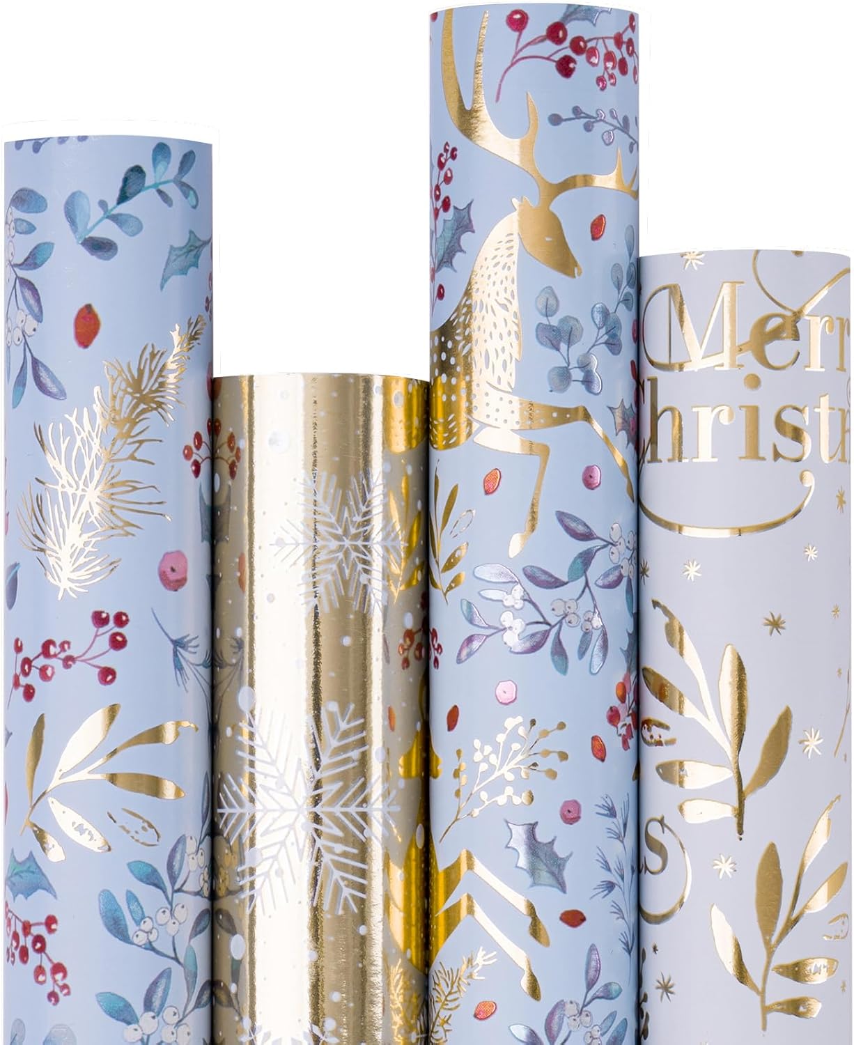 RUSPEPA Christmas Wrapping Paper - Santa Claus, Snowman, Christmas Tree and Bell Design - 4 Rolls - 30 Inches X 10 Feet per Roll