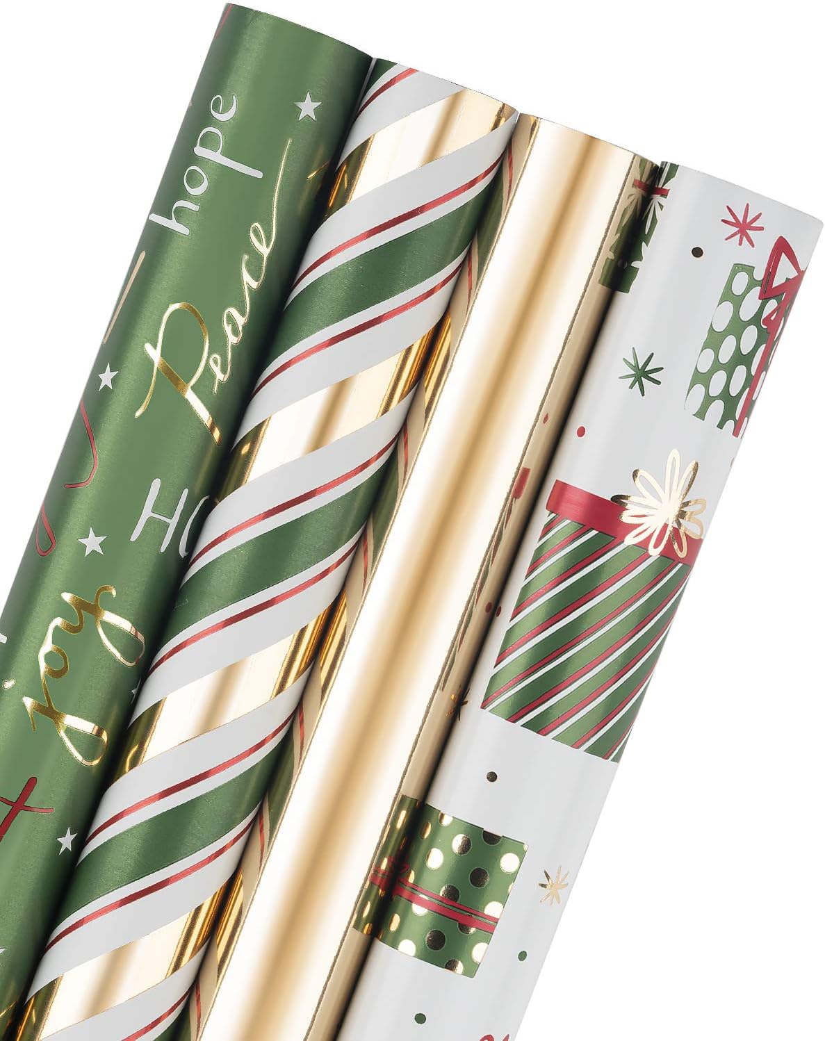 WRAPAHOLIC 30 Inch Green Christmas Wrapping Paper Roll - Jumbo Roll Green and Gold Holiday Design with Metallic Foil Shine - 4 Rolls - 30 Inch X 120 Inch per Roll