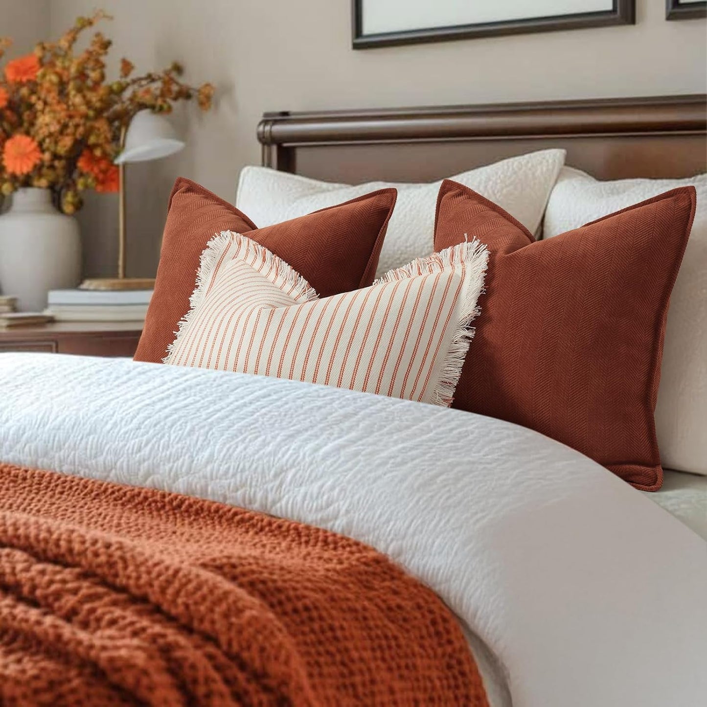 ZWJD Rust Throw Pillow Covers 18X18 Set of 2 Chenille Fall Pillow Covers with Elegant Design Soft and Luxurious Decorative Throw Pillows for Couch, Bed, and Home Decor