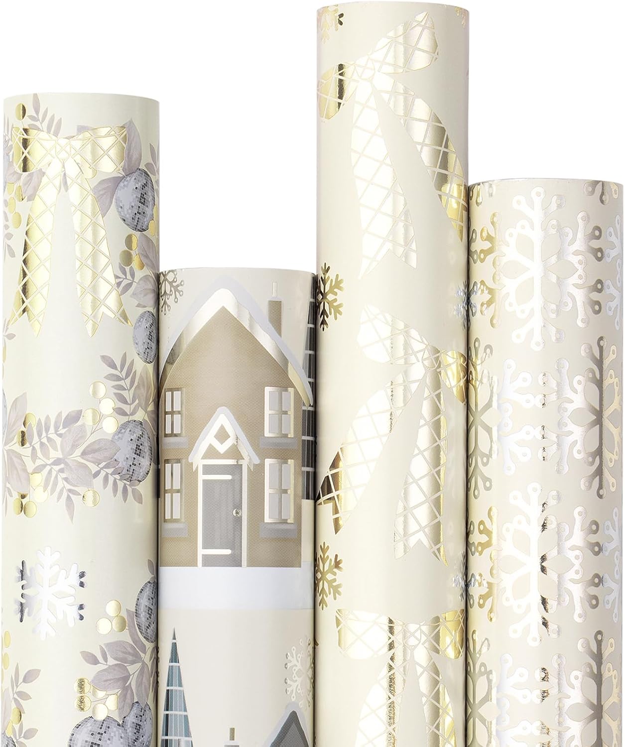 RUSPEPA Christmas Wrapping Paper - Santa Claus, Snowman, Christmas Tree and Bell Design - 4 Rolls - 30 Inches X 10 Feet per Roll