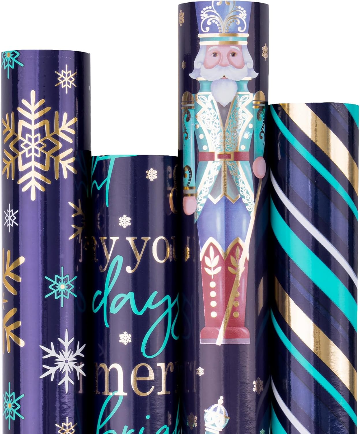 RUSPEPA Christmas Wrapping Paper - Santa Claus, Snowman, Christmas Tree and Bell Design - 4 Rolls - 30 Inches X 10 Feet per Roll