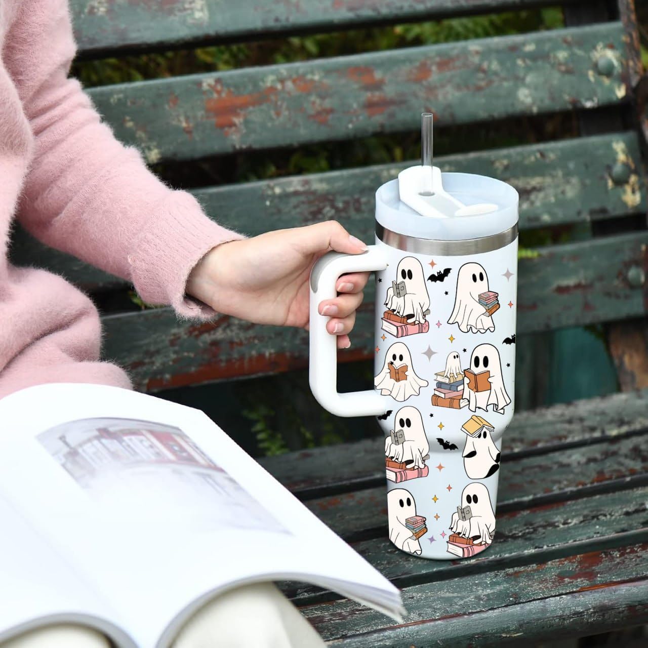 Spooky Stainless Steel Tumbler with Lid and Straw, 40Oz Insulated Cup, Cute Ghost Reading Book Lover Gift, Themed Tumbler for Halloween Season