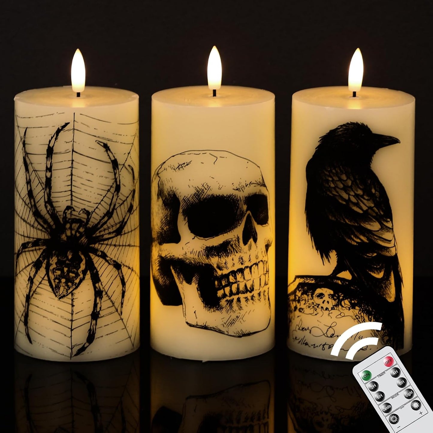 Eldnacele Halloween LED Flameless Flickering Candles Battery Operated with 6H Timer Skull Spider Web Crow Raven Spooky Decals Halloween Themed Indoor Decoration(3 Pack, D3 X H6)