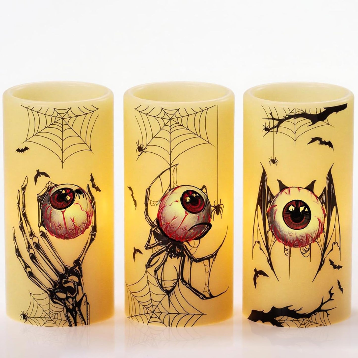 Eldnacele Halloween LED Flameless Flickering Candles Battery Operated with 6H Timer Skull Spider Web Crow Raven Spooky Decals Halloween Themed Indoor Decoration(3 Pack, D3 X H6)