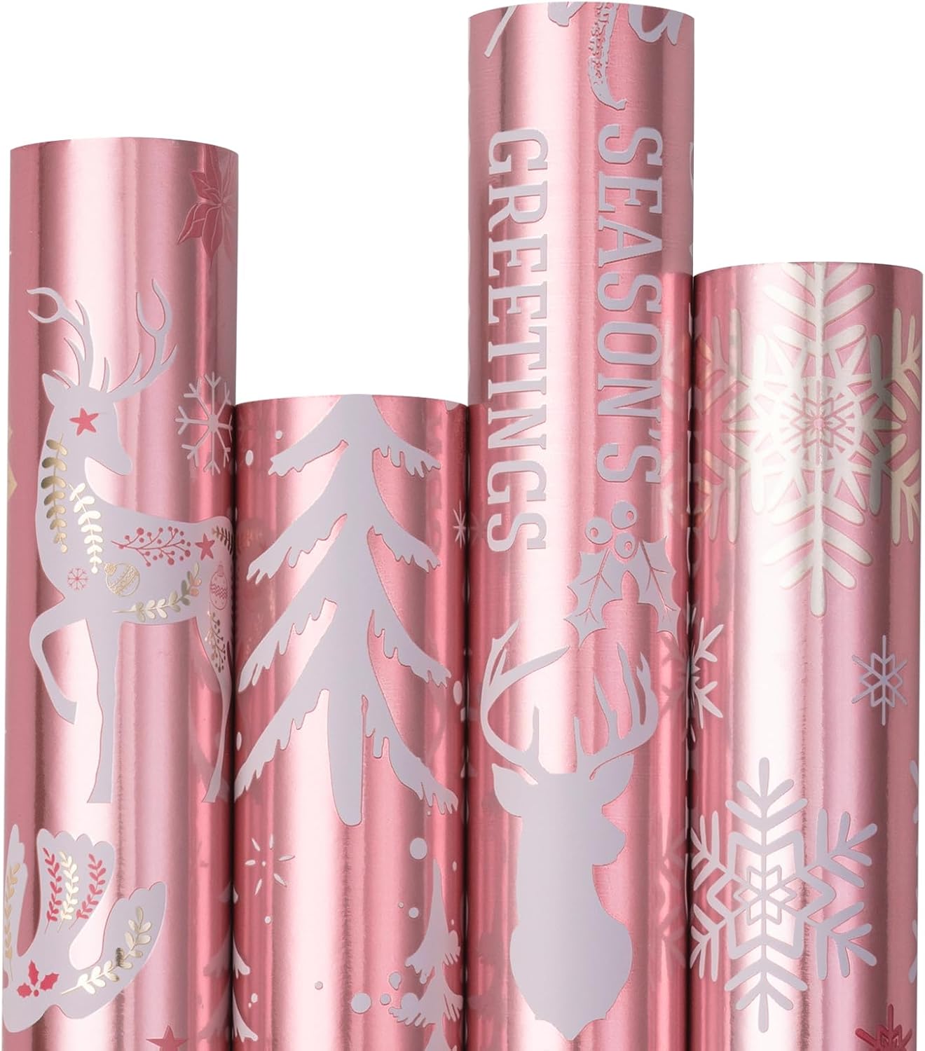 RUSPEPA Christmas Wrapping Paper - Santa Claus, Snowman, Christmas Tree and Bell Design - 4 Rolls - 30 Inches X 10 Feet per Roll