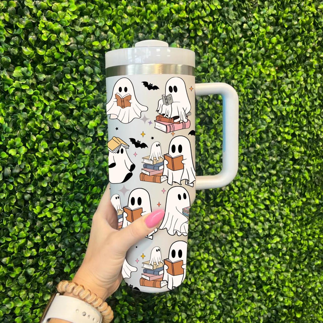 Spooky Stainless Steel Tumbler with Lid and Straw, 40Oz Insulated Cup, Cute Ghost Reading Book Lover Gift, Themed Tumbler for Halloween Season