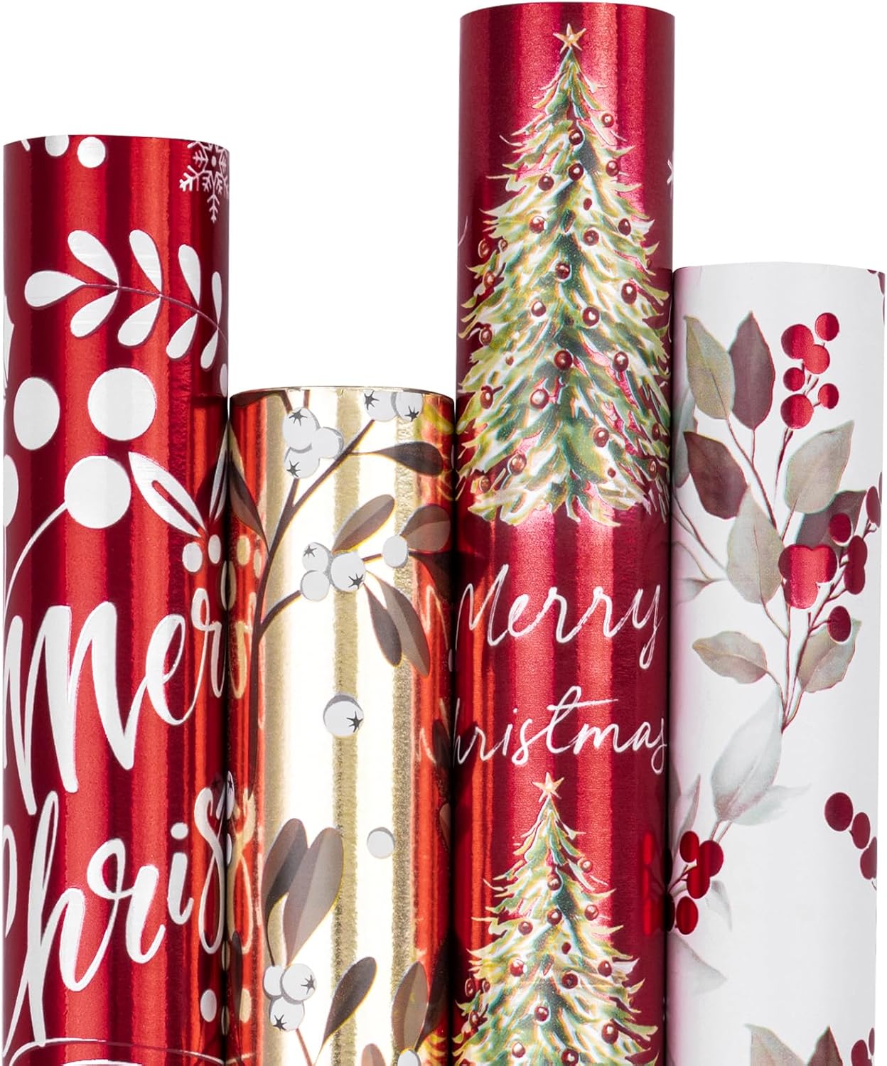 RUSPEPA Christmas Wrapping Paper - Santa Claus, Snowman, Christmas Tree and Bell Design - 4 Rolls - 30 Inches X 10 Feet per Roll