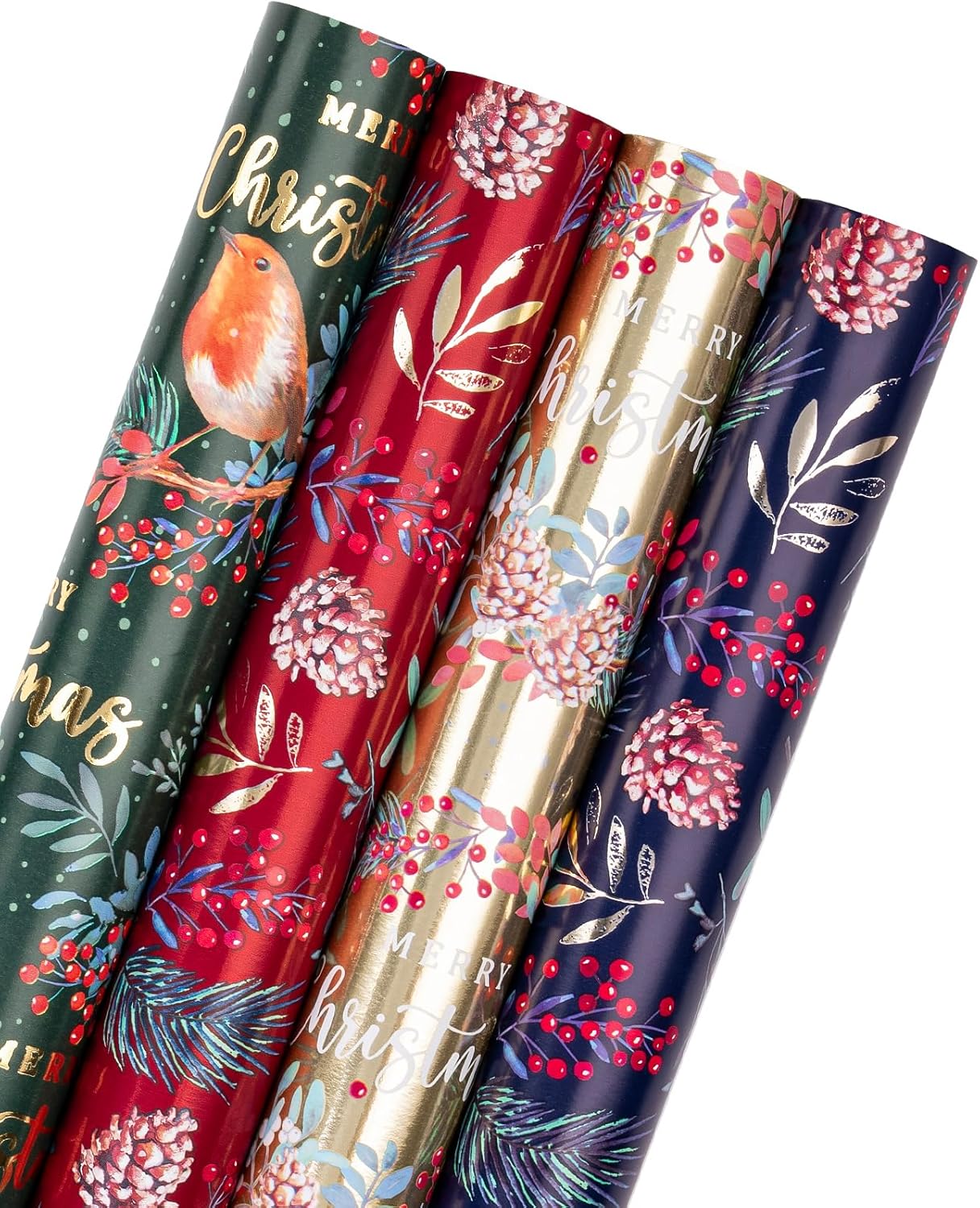 WRAPAHOLIC 30 Inch Green Christmas Wrapping Paper Roll - Jumbo Roll Green and Gold Holiday Design with Metallic Foil Shine - 4 Rolls - 30 Inch X 120 Inch per Roll