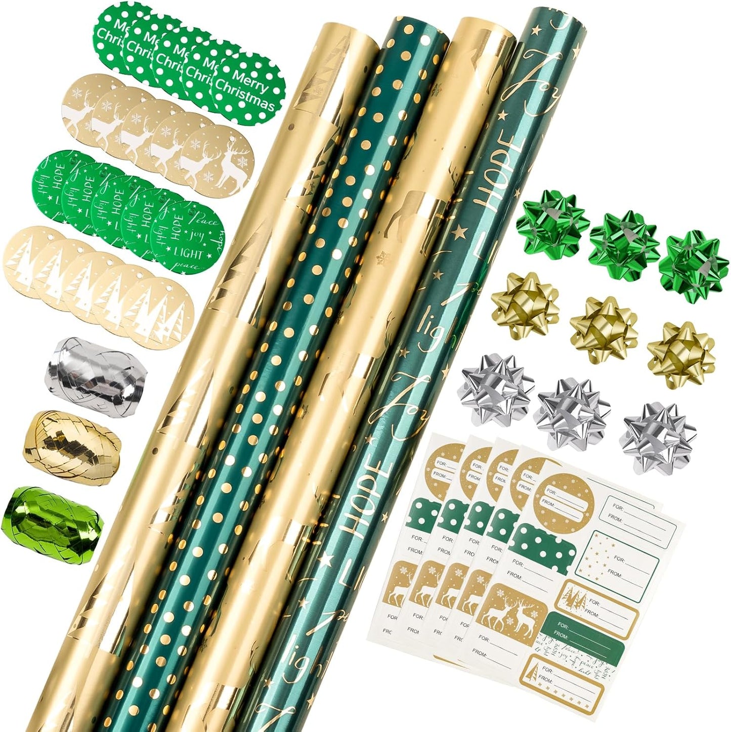 WRAPAHOLIC 30 Inch Green Christmas Wrapping Paper Roll - Jumbo Roll Green and Gold Holiday Design with Metallic Foil Shine - 4 Rolls - 30 Inch X 120 Inch per Roll