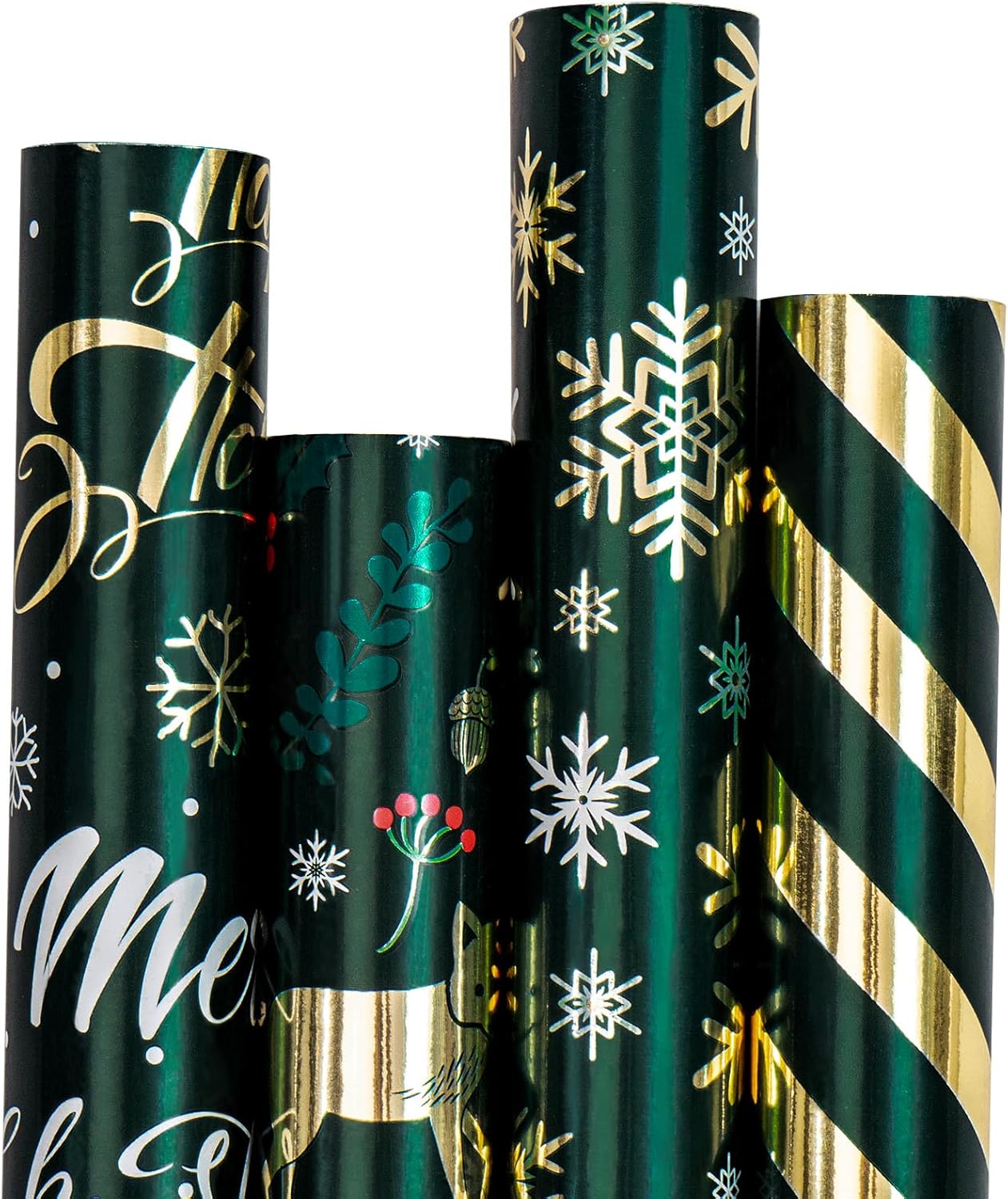 RUSPEPA Christmas Wrapping Paper - Santa Claus, Snowman, Christmas Tree and Bell Design - 4 Rolls - 30 Inches X 10 Feet per Roll