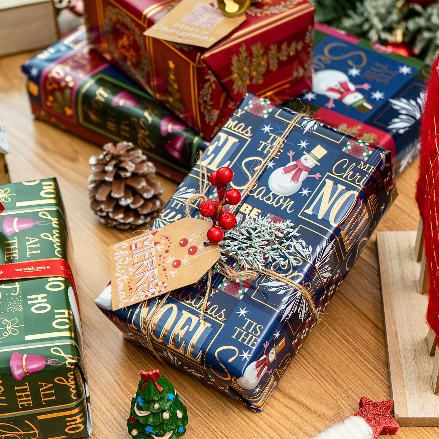 RUSPEPA Christmas Wrapping Paper - Santa Claus, Snowman, Christmas Tree and Bell Design - 4 Rolls - 30 Inches X 10 Feet per Roll
