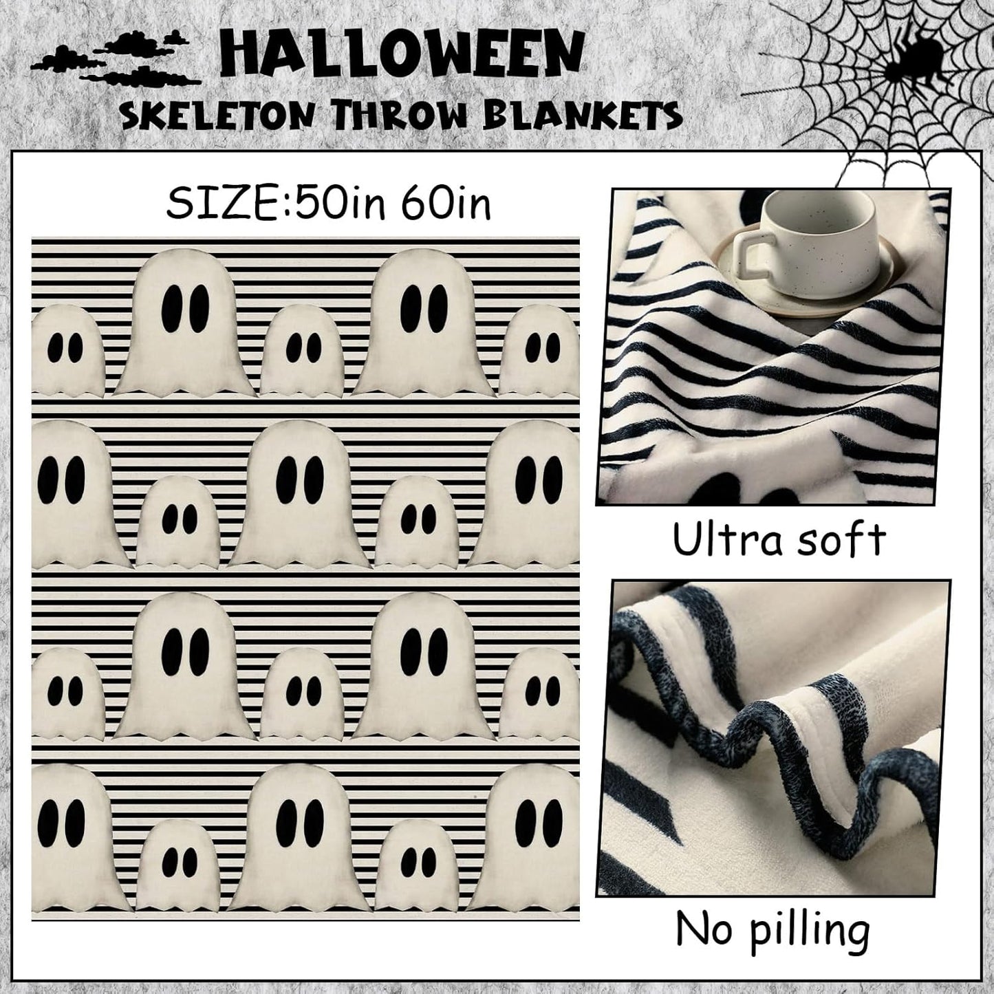 Halloween Throw Blanket Cute Rustic Ghost Flannel Blanket Farmhouse Spooky Blanket Soft Black White Striped Blanket Retro Halloween Decoration for Sofa Bed Holiday Party Gifts,50 X60