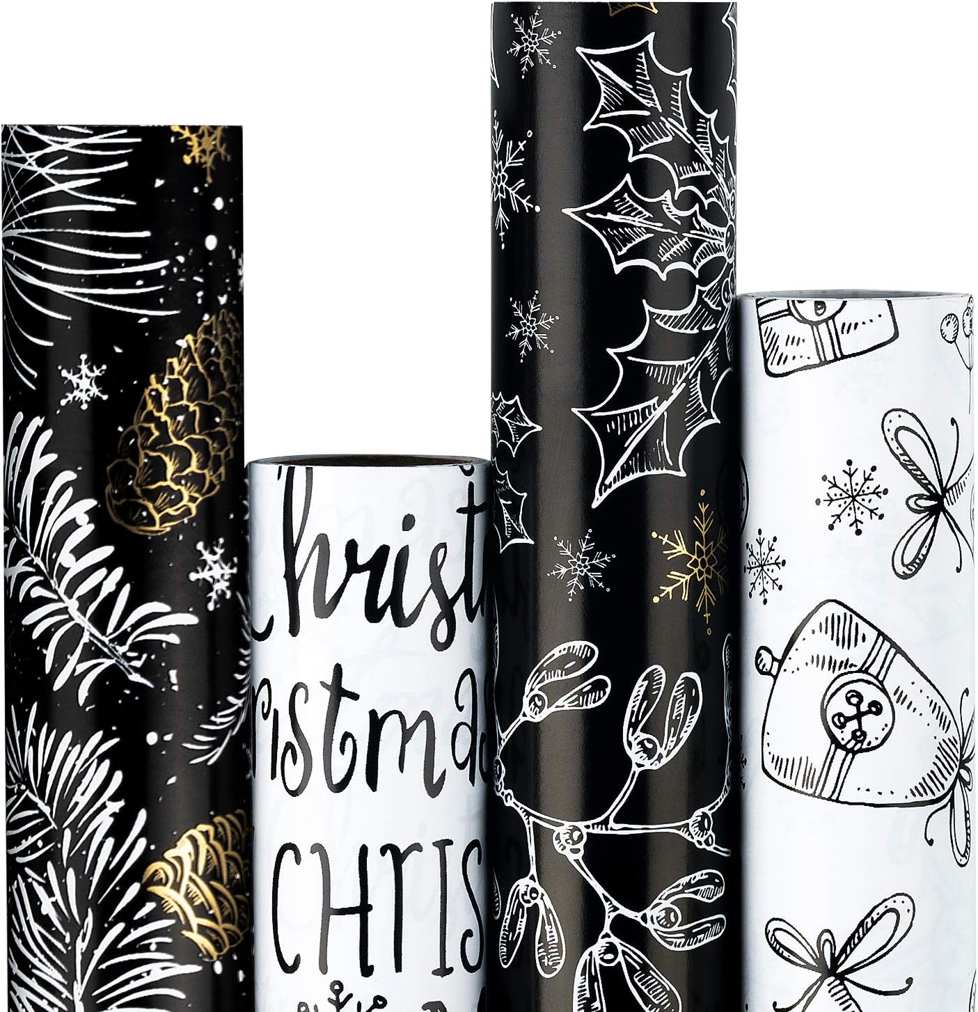 RUSPEPA Christmas Wrapping Paper - Santa Claus, Snowman, Christmas Tree and Bell Design - 4 Rolls - 30 Inches X 10 Feet per Roll