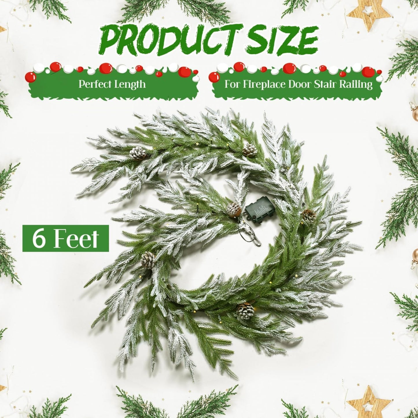 Yoleshy 6FT Real Touch Norfolk Pine Garland with Pinecone and White Snow Battery Operated Prelit Christmas Decorations for Mantle Fireplace