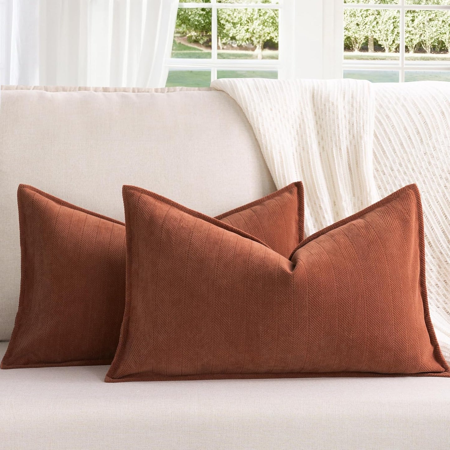 ZWJD Rust Throw Pillow Covers 18X18 Set of 2 Chenille Fall Pillow Covers with Elegant Design Soft and Luxurious Decorative Throw Pillows for Couch, Bed, and Home Decor