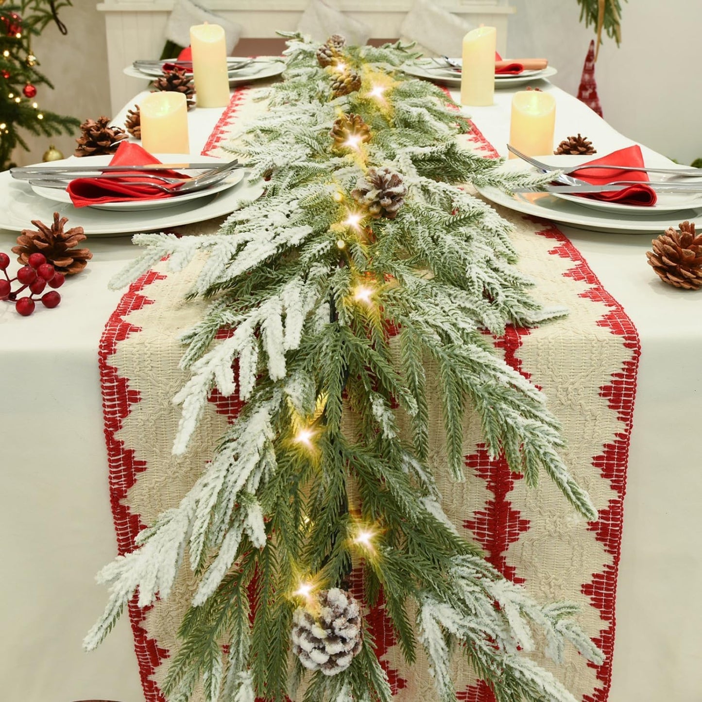 Yoleshy 6FT Real Touch Norfolk Pine Garland with Pinecone and White Snow Battery Operated Prelit Christmas Decorations for Mantle Fireplace