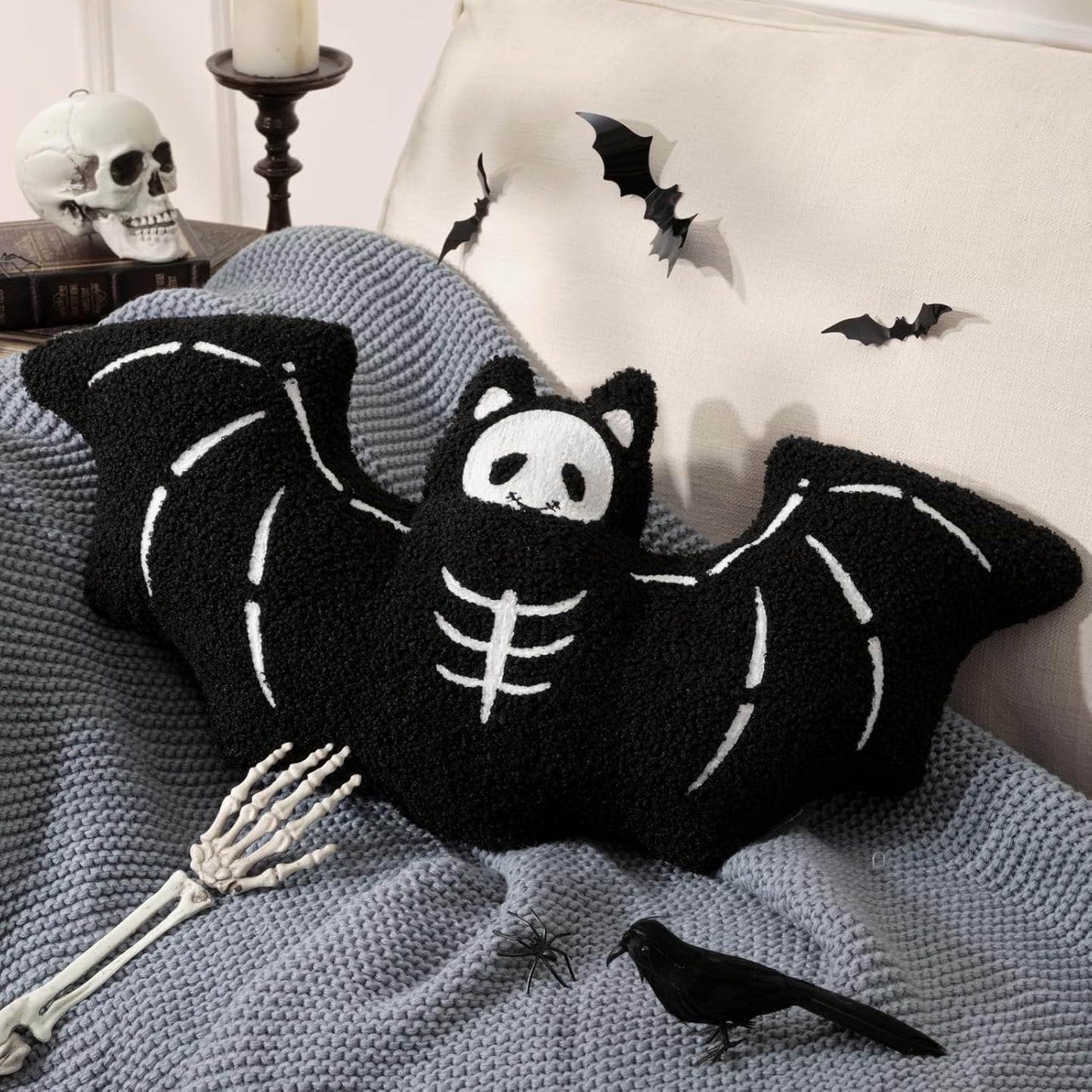 Phantoscope Happy Halloween Bat Shaped Throw Pillow, Teddy Fleece Embroidery Decorative Halloween Pillow for Couch, Sofa, Bed, Black 12 X 25.5 Inches