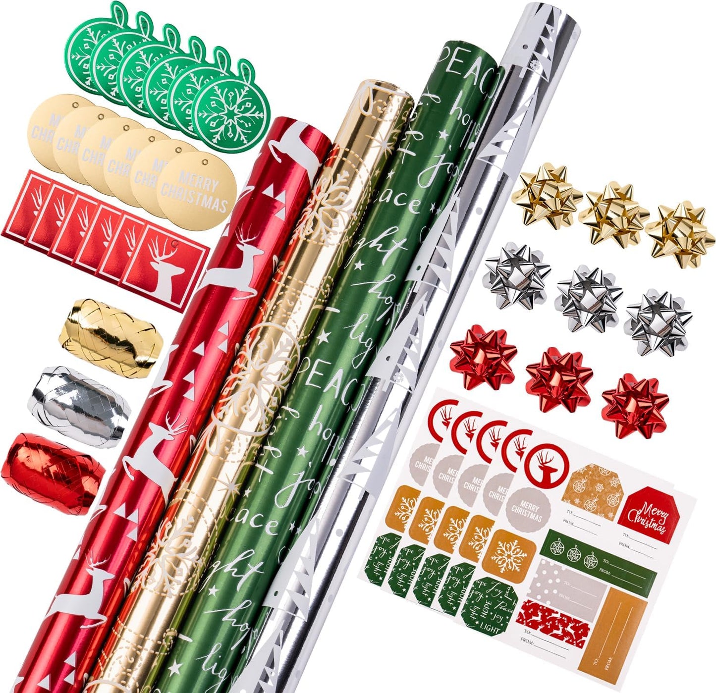 WRAPAHOLIC 30 Inch Green Christmas Wrapping Paper Roll - Jumbo Roll Green and Gold Holiday Design with Metallic Foil Shine - 4 Rolls - 30 Inch X 120 Inch per Roll