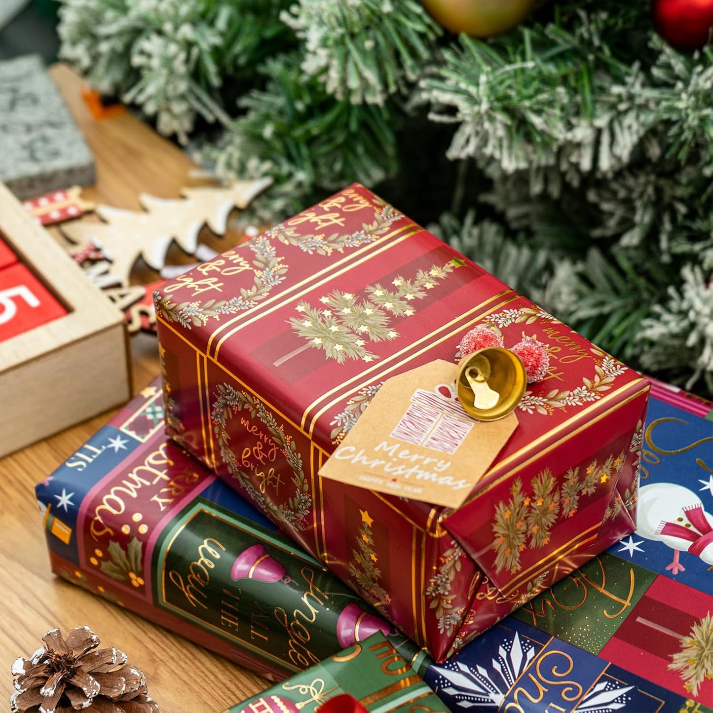 RUSPEPA Christmas Wrapping Paper - Santa Claus, Snowman, Christmas Tree and Bell Design - 4 Rolls - 30 Inches X 10 Feet per Roll