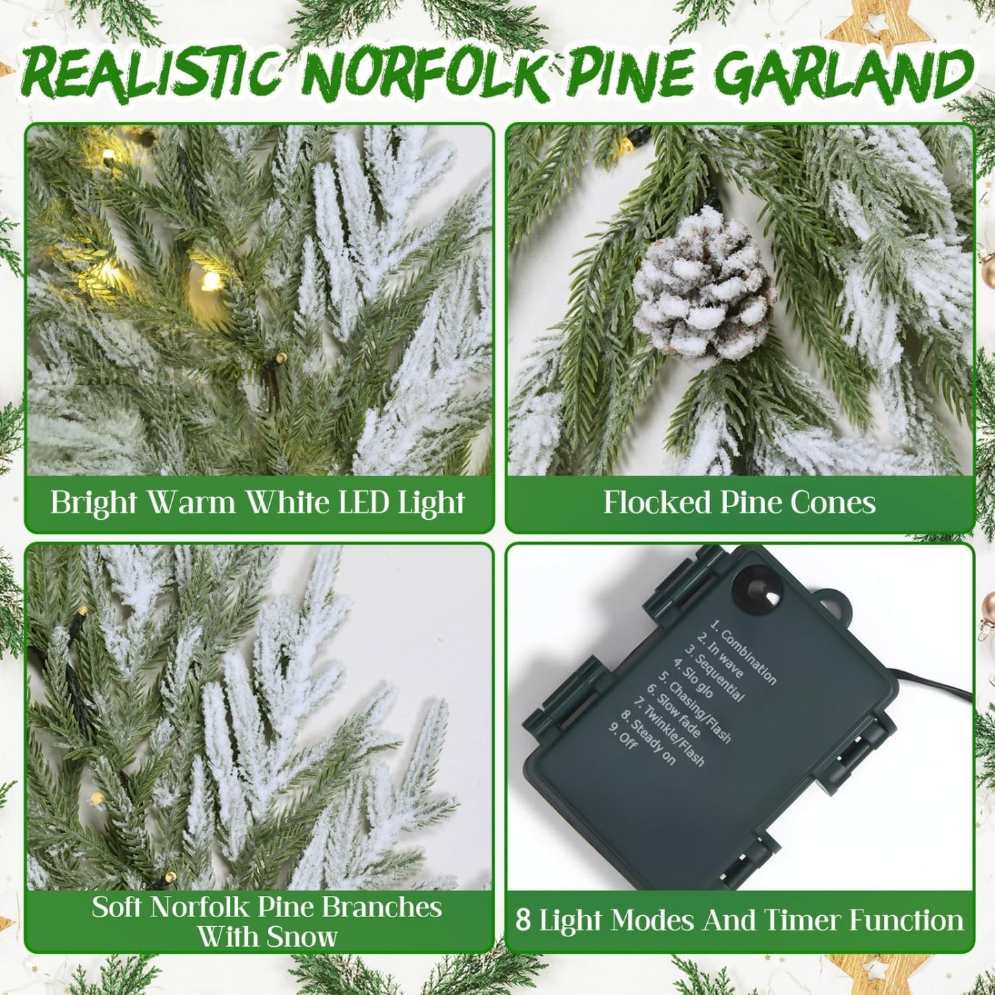 Yoleshy 6FT Real Touch Norfolk Pine Garland with Pinecone and White Snow Battery Operated Prelit Christmas Decorations for Mantle Fireplace