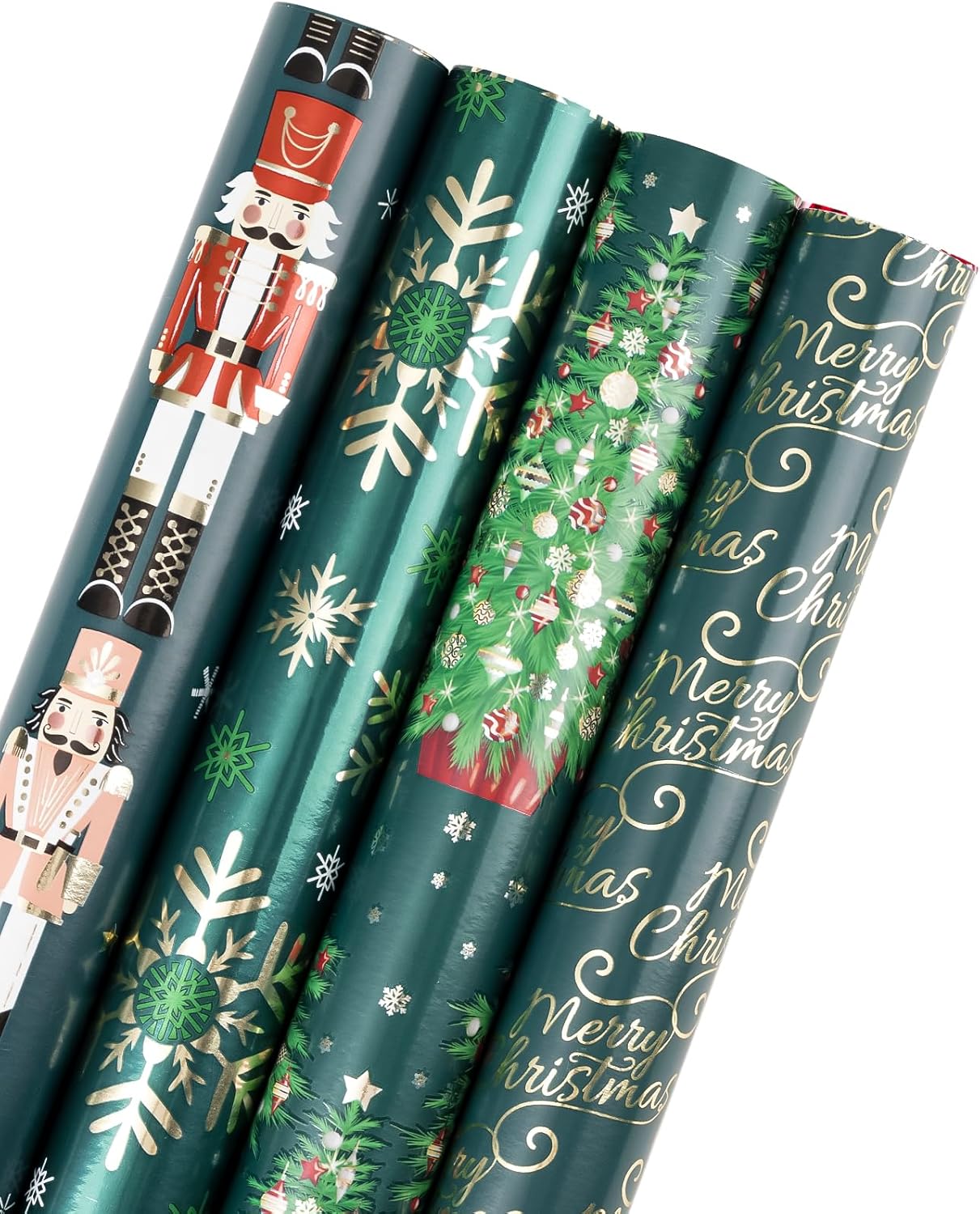 WRAPAHOLIC 30 Inch Green Christmas Wrapping Paper Roll - Jumbo Roll Green and Gold Holiday Design with Metallic Foil Shine - 4 Rolls - 30 Inch X 120 Inch per Roll