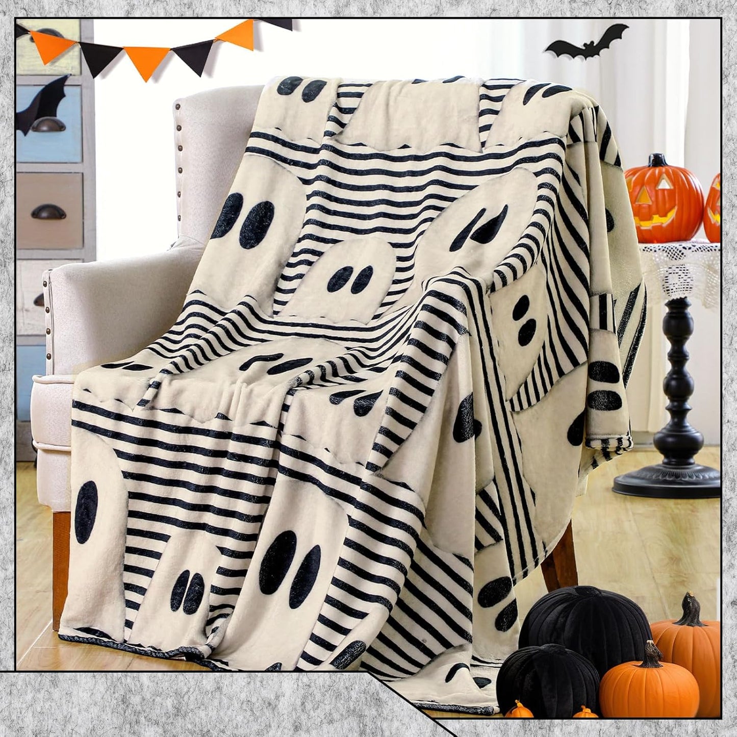 Halloween Throw Blanket Cute Rustic Ghost Flannel Blanket Farmhouse Spooky Blanket Soft Black White Striped Blanket Retro Halloween Decoration for Sofa Bed Holiday Party Gifts,50 X60