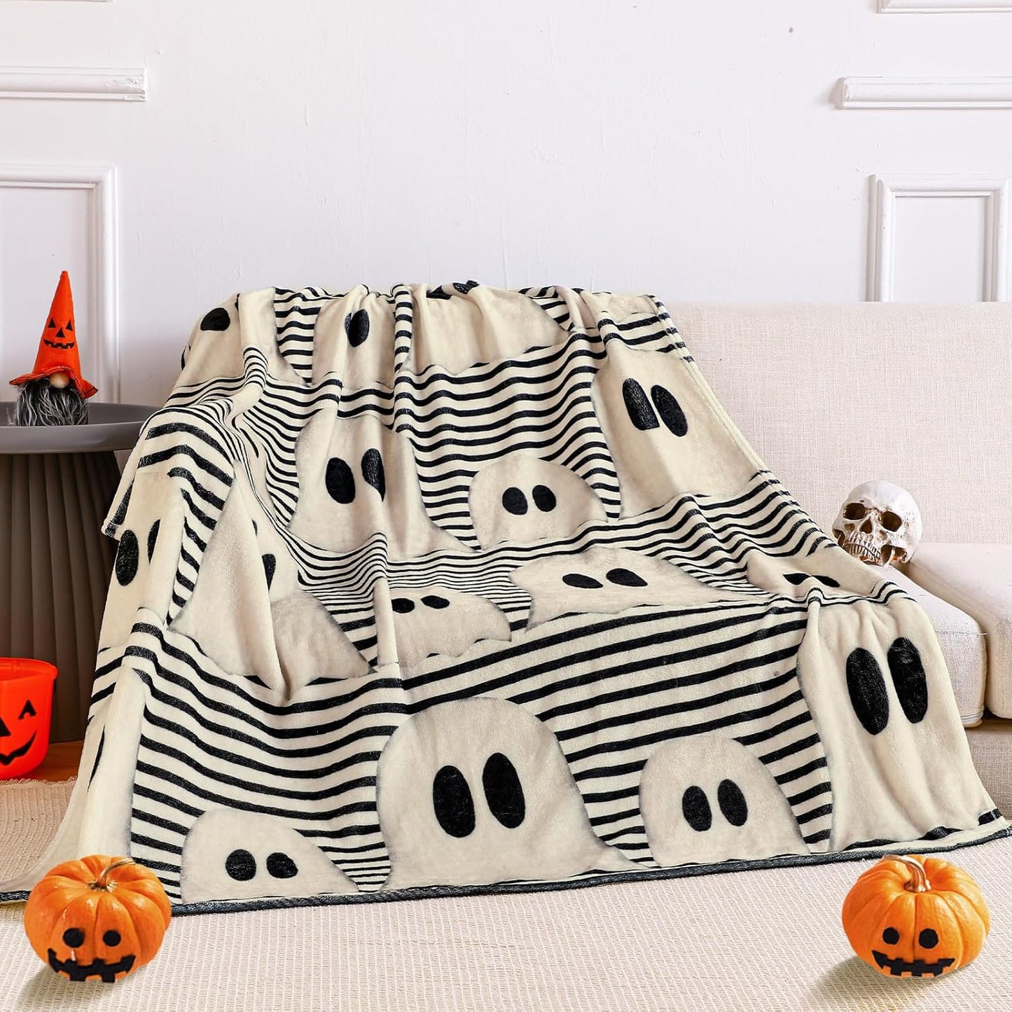 Halloween Throw Blanket Cute Rustic Ghost Flannel Blanket Farmhouse Spooky Blanket Soft Black White Striped Blanket Retro Halloween Decoration for Sofa Bed Holiday Party Gifts,50 X60