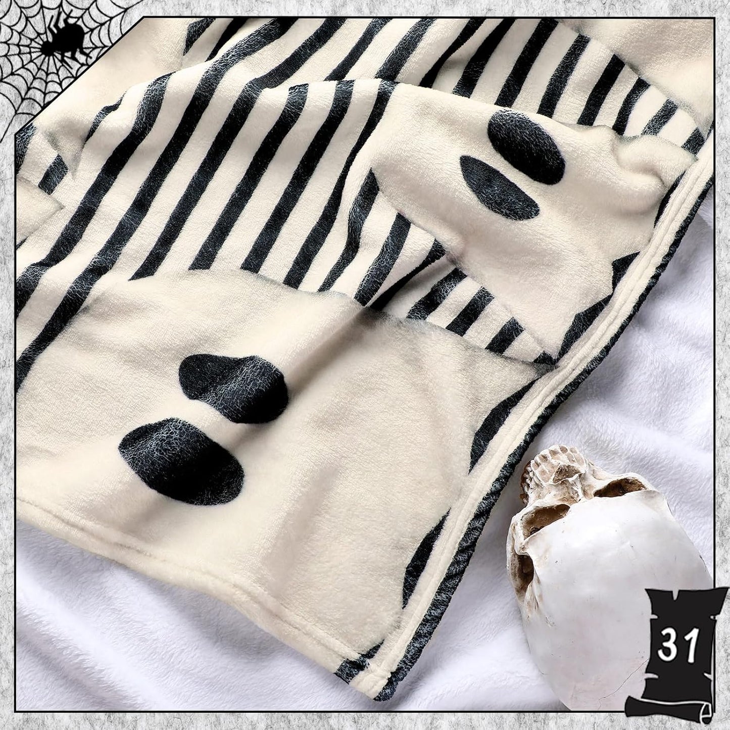 Halloween Throw Blanket Cute Rustic Ghost Flannel Blanket Farmhouse Spooky Blanket Soft Black White Striped Blanket Retro Halloween Decoration for Sofa Bed Holiday Party Gifts,50 X60