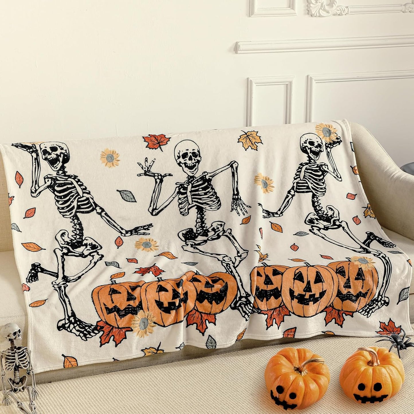 Halloween Throw Blanket Cute Rustic Ghost Flannel Blanket Farmhouse Spooky Blanket Soft Black White Striped Blanket Retro Halloween Decoration for Sofa Bed Holiday Party Gifts,50 X60