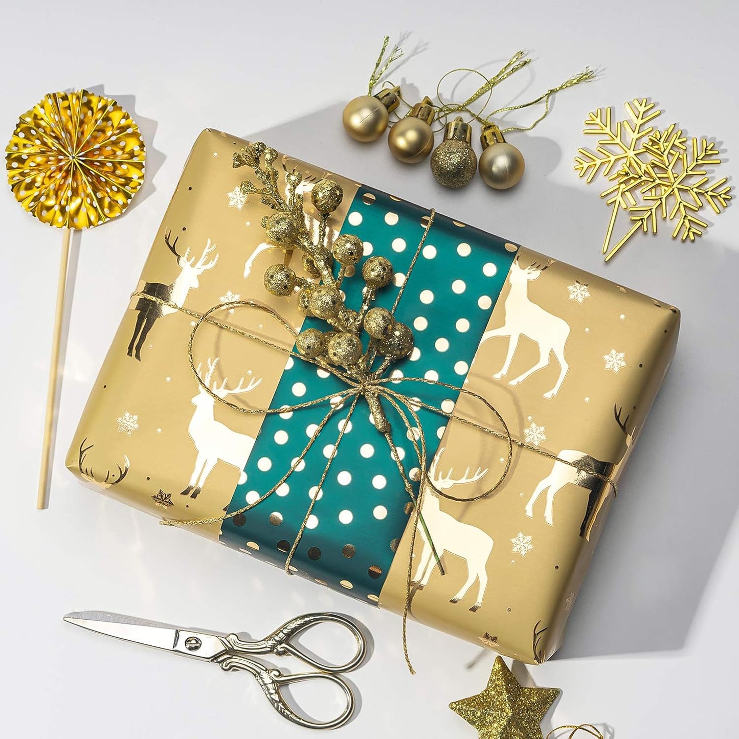 WRAPAHOLIC 30 Inch Green Christmas Wrapping Paper Roll - Jumbo Roll Green and Gold Holiday Design with Metallic Foil Shine - 4 Rolls - 30 Inch X 120 Inch per Roll