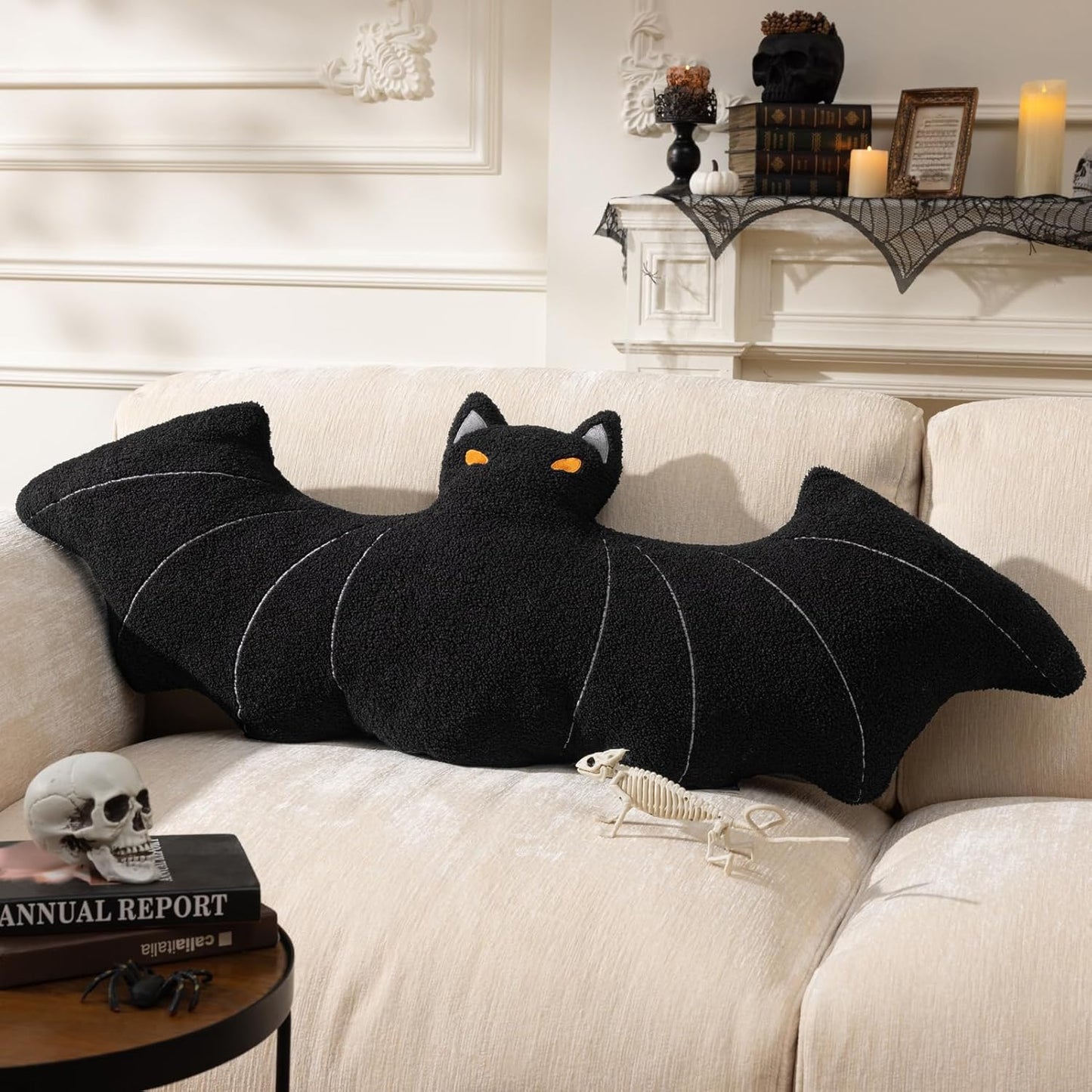 Phantoscope Happy Halloween Bat Shaped Throw Pillow, Teddy Fleece Embroidery Decorative Halloween Pillow for Couch, Sofa, Bed, Black 12 X 25.5 Inches