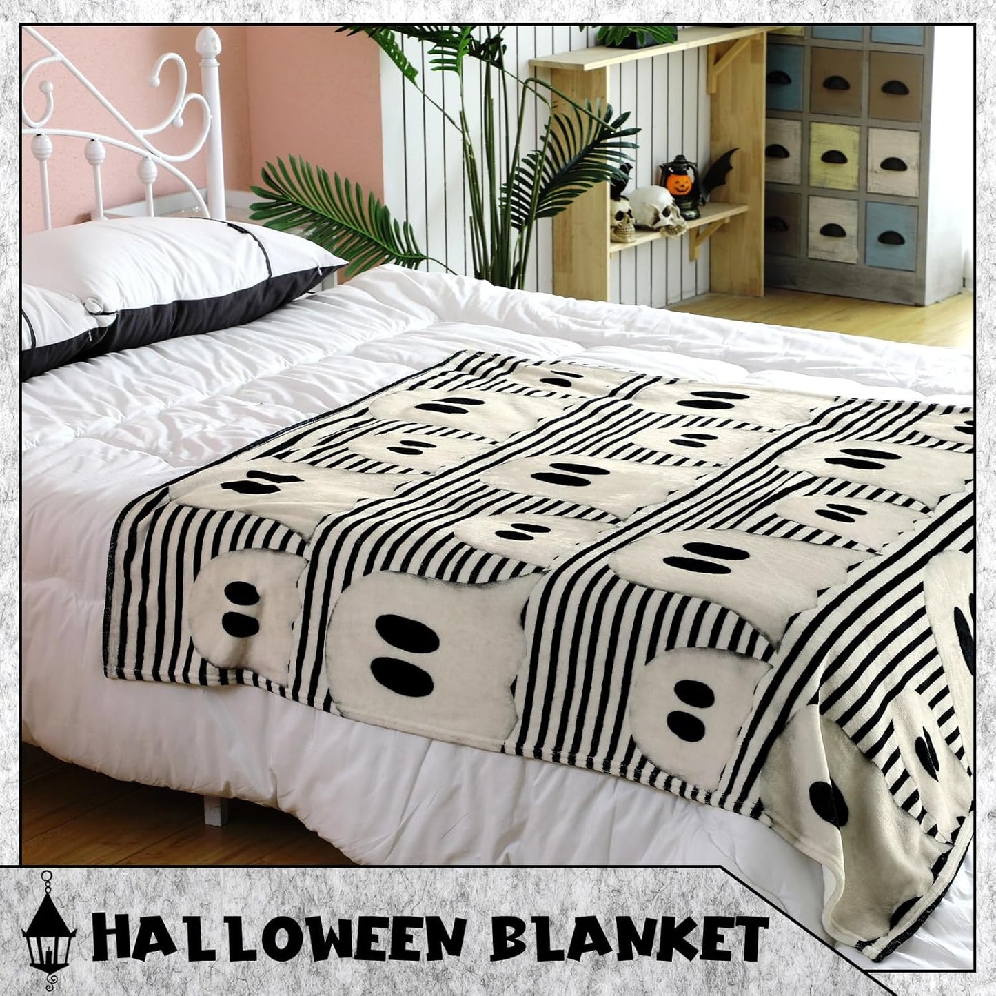 Halloween Throw Blanket Cute Rustic Ghost Flannel Blanket Farmhouse Spooky Blanket Soft Black White Striped Blanket Retro Halloween Decoration for Sofa Bed Holiday Party Gifts,50 X60