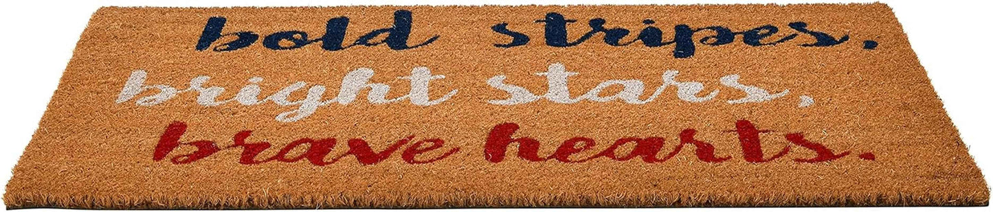 Patriotic Coir Entry Doormat with Bold Stripes, Bright Stars, Brave Hearts - Non-Slip Americana Summer Entry Mat for July 4th or Memorial Day