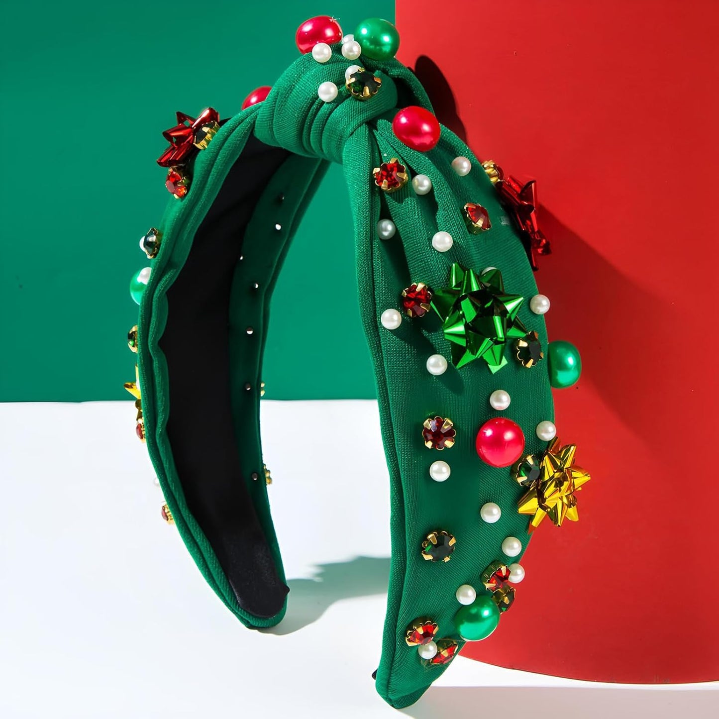 2 Pack Christmas Headband for Women Pearl Rhinestone Crystal Jeweled Xmas Flower Embellished Ladies Wide Top Knot Red Green Makeup Hair Hoop Accessory Holiday Party Costume Decor Gifts