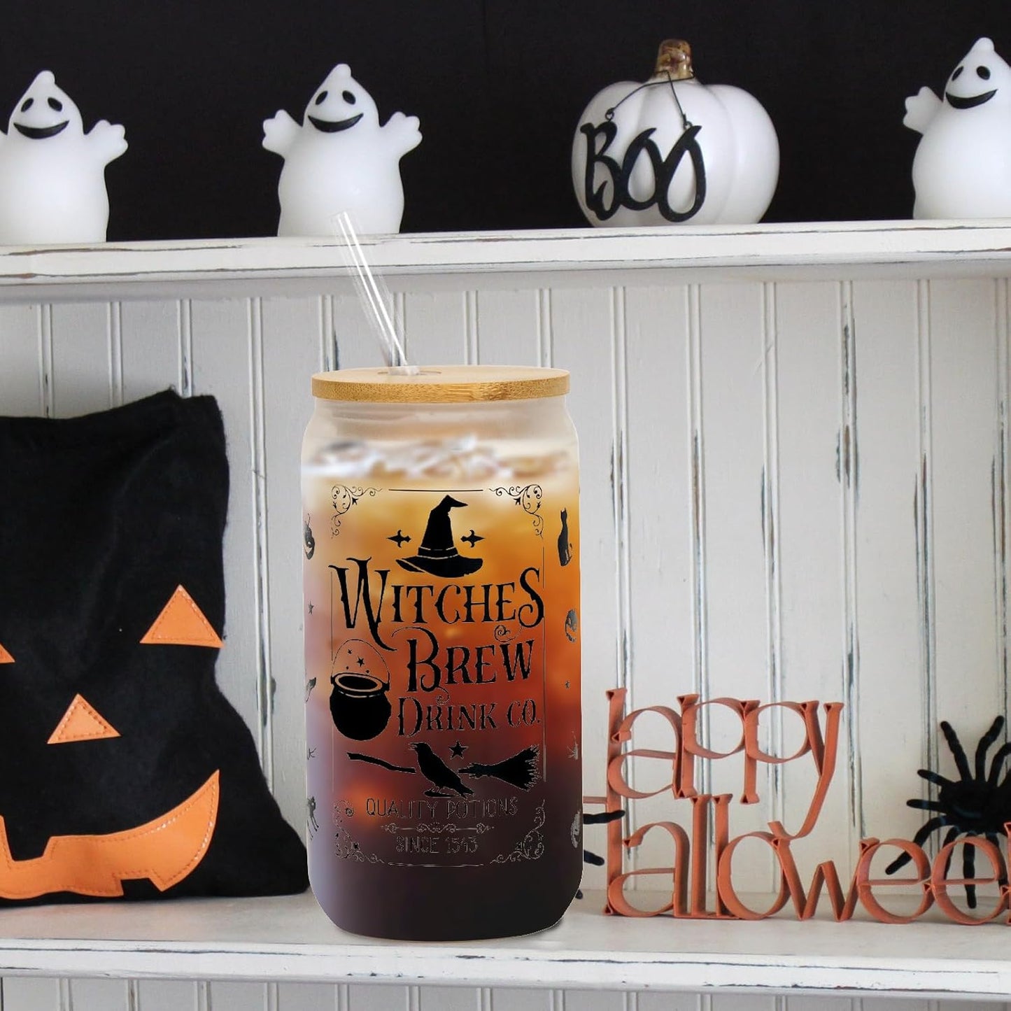 Halloween Glass Cup, 18Oz Frosted Witch Iced Coffee Can Cup Tumbler with Lid and Straw, Witch Tumbler Beer Can Glass, Halloween Gifts Decorations