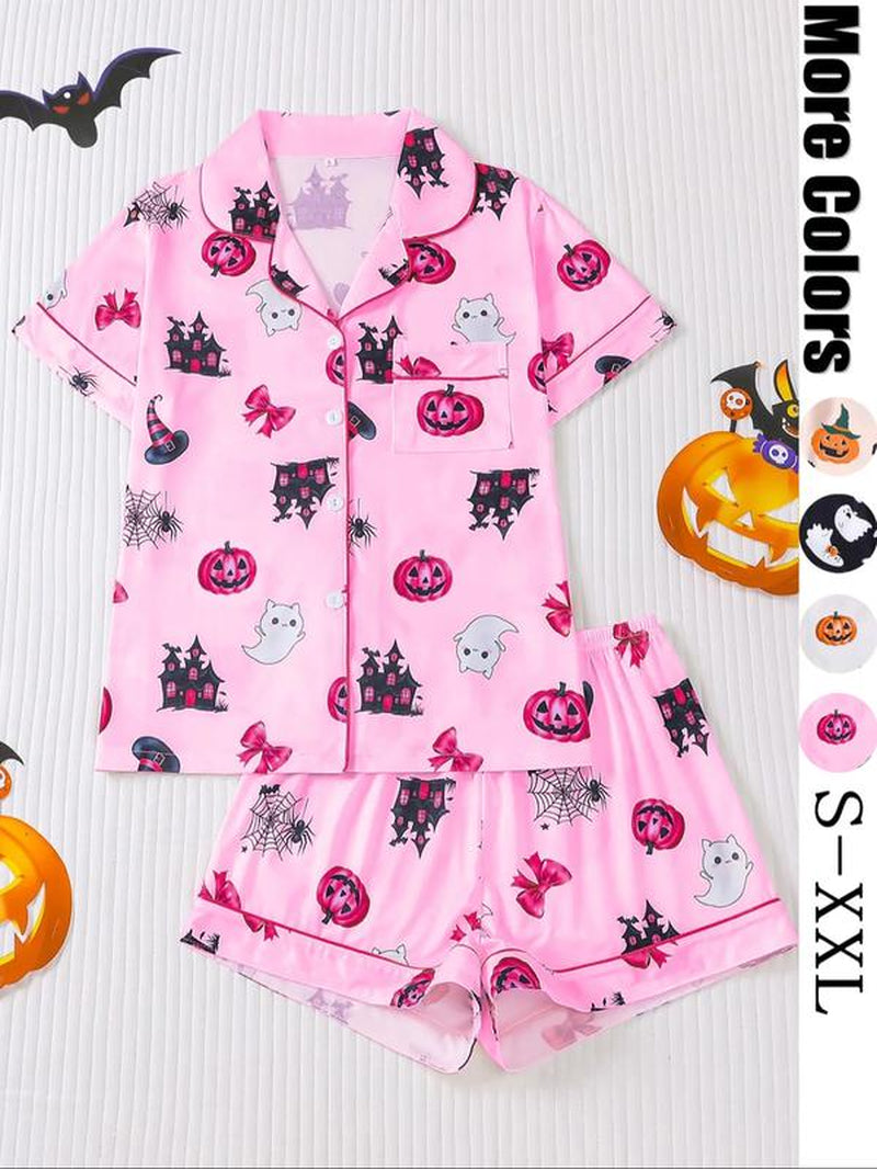 Women'S Ghost Print Shirt & Elastic Waist Shorts Pyjama, Casual Comfy Short Sleeve Top & Shorts Pj Set, Ladies Sleepwear for All Seasons, Loungewear