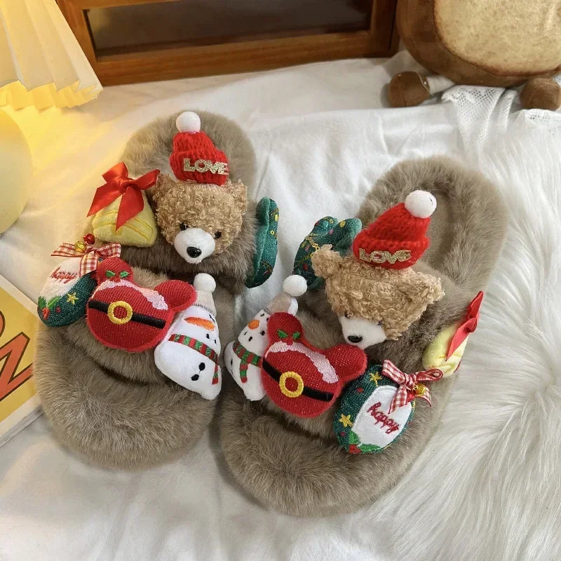 Christmas Women Bear Cotton Plush Slippers 2025 Winter Warm Fluffy Fur Slippers Non-Slip Sole Indoor Home Couple Shoes for Gift