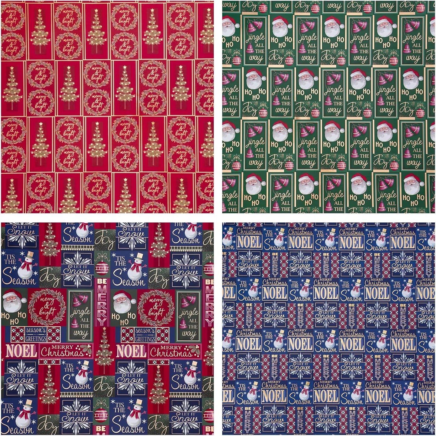 RUSPEPA Christmas Wrapping Paper - Santa Claus, Snowman, Christmas Tree and Bell Design - 4 Rolls - 30 Inches X 10 Feet per Roll
