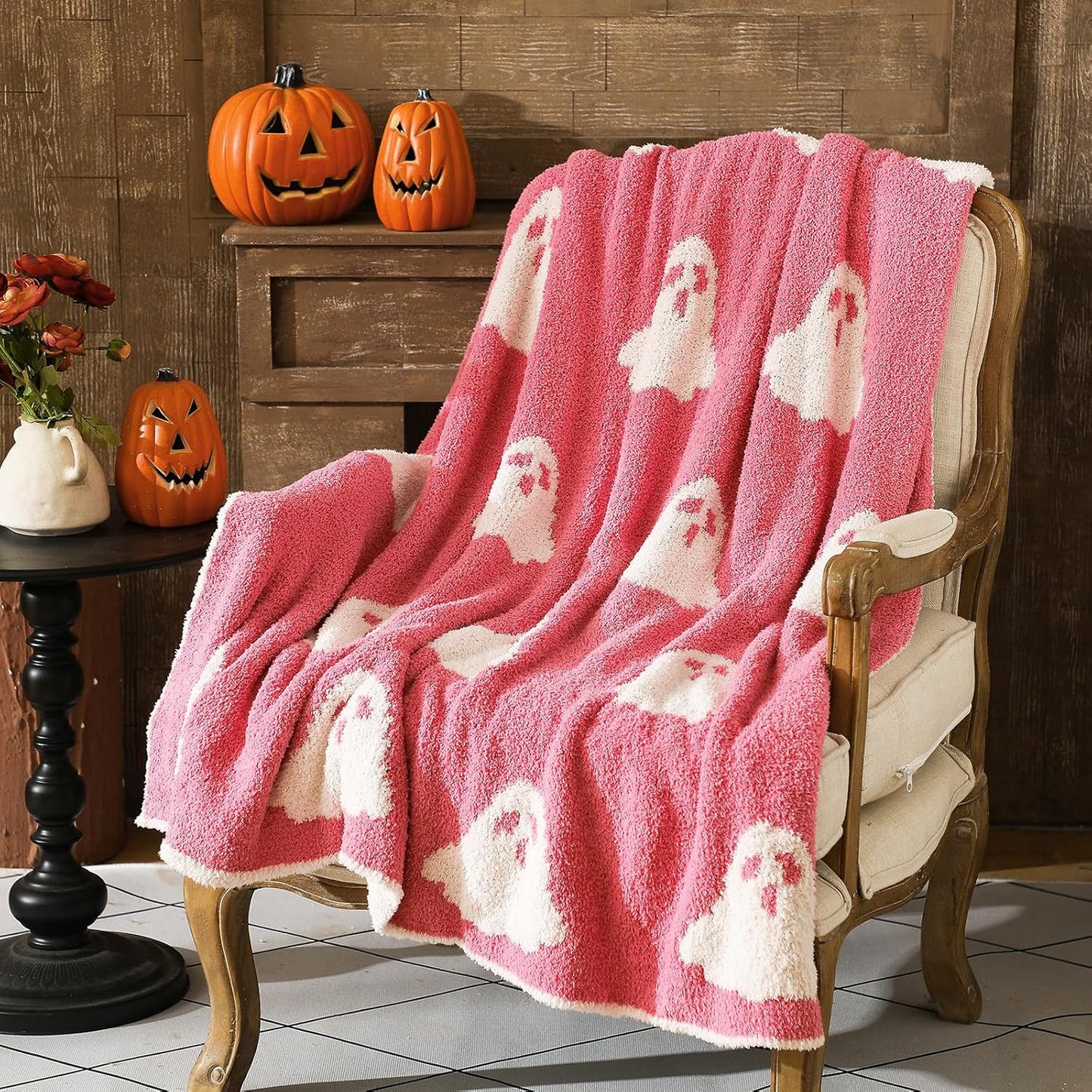 50 X 60'' Halloween Microfiber Throw Blanket Pink Ghost Blanket Soft, Cozy, Fluffy for Living Room, Sofa, Bed (Ghost, Peach Pink)