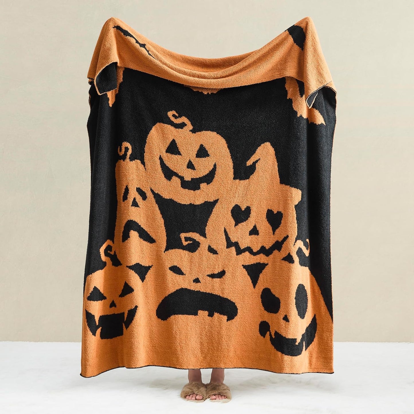 WDCOZY Halloween Throw Blanket Reversible Super Soft Knitted Blankets for Couch Bed Sofa Microfiber Warm Cozy Comfy Lightweight Fall Comfort Fluffy Fuzzy Knit Blanket Cute 50X60 Inches Pumpkin