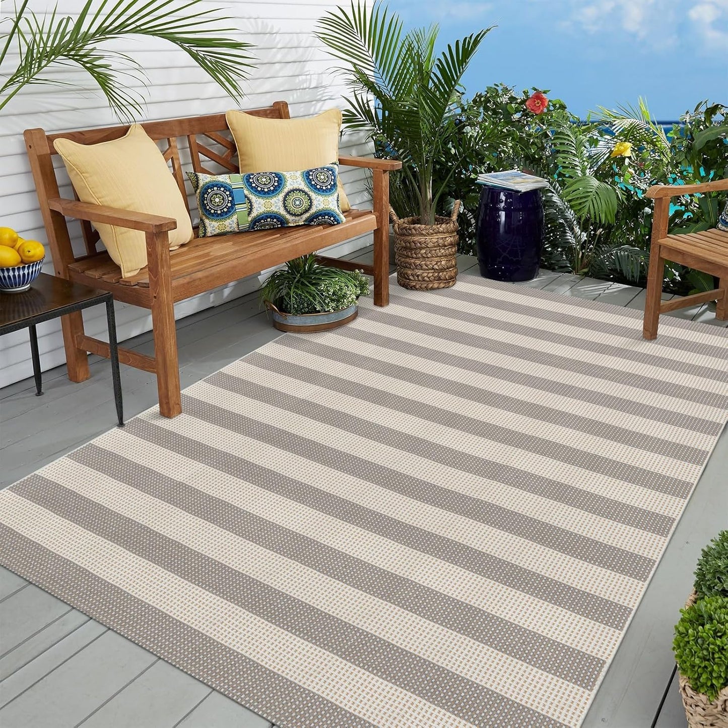 Washable Outdoor Rug 3'X5', Blue/White/Tan Outdoor Area Rug Entryway Rugs Indoor Door Mat Front Porch Rug Cotton Small Checkered Rug Floor Carpet for Entry/Patio/Bedroom/Living Room
