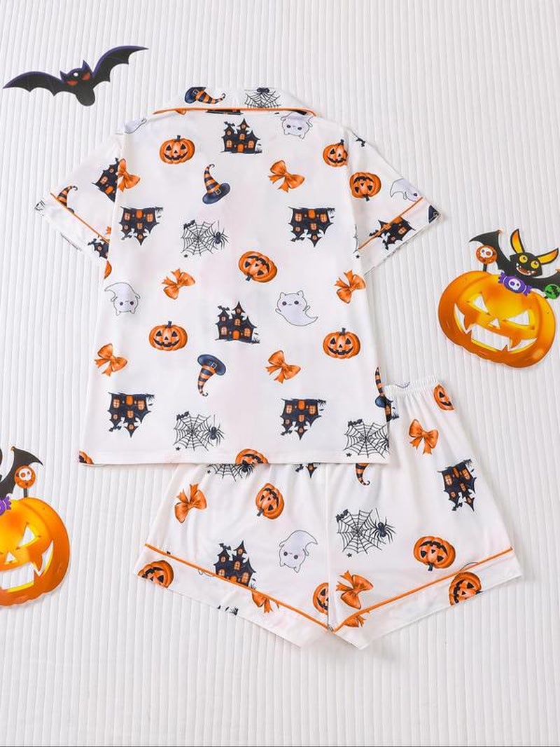 Women'S Ghost Print Shirt & Elastic Waist Shorts Pyjama, Casual Comfy Short Sleeve Top & Shorts Pj Set, Ladies Sleepwear for All Seasons, Loungewear