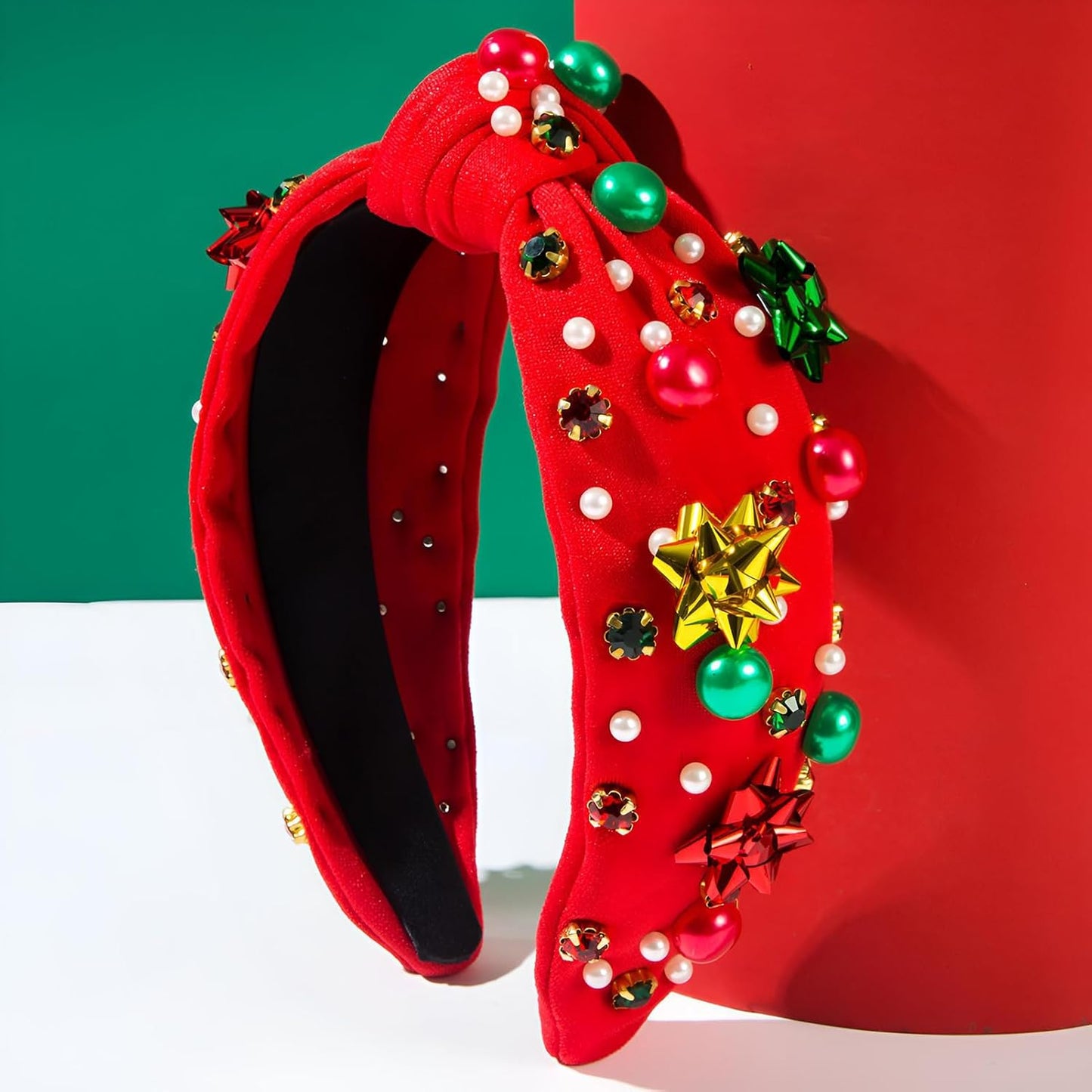 2 Pack Christmas Headband for Women Pearl Rhinestone Crystal Jeweled Xmas Flower Embellished Ladies Wide Top Knot Red Green Makeup Hair Hoop Accessory Holiday Party Costume Decor Gifts