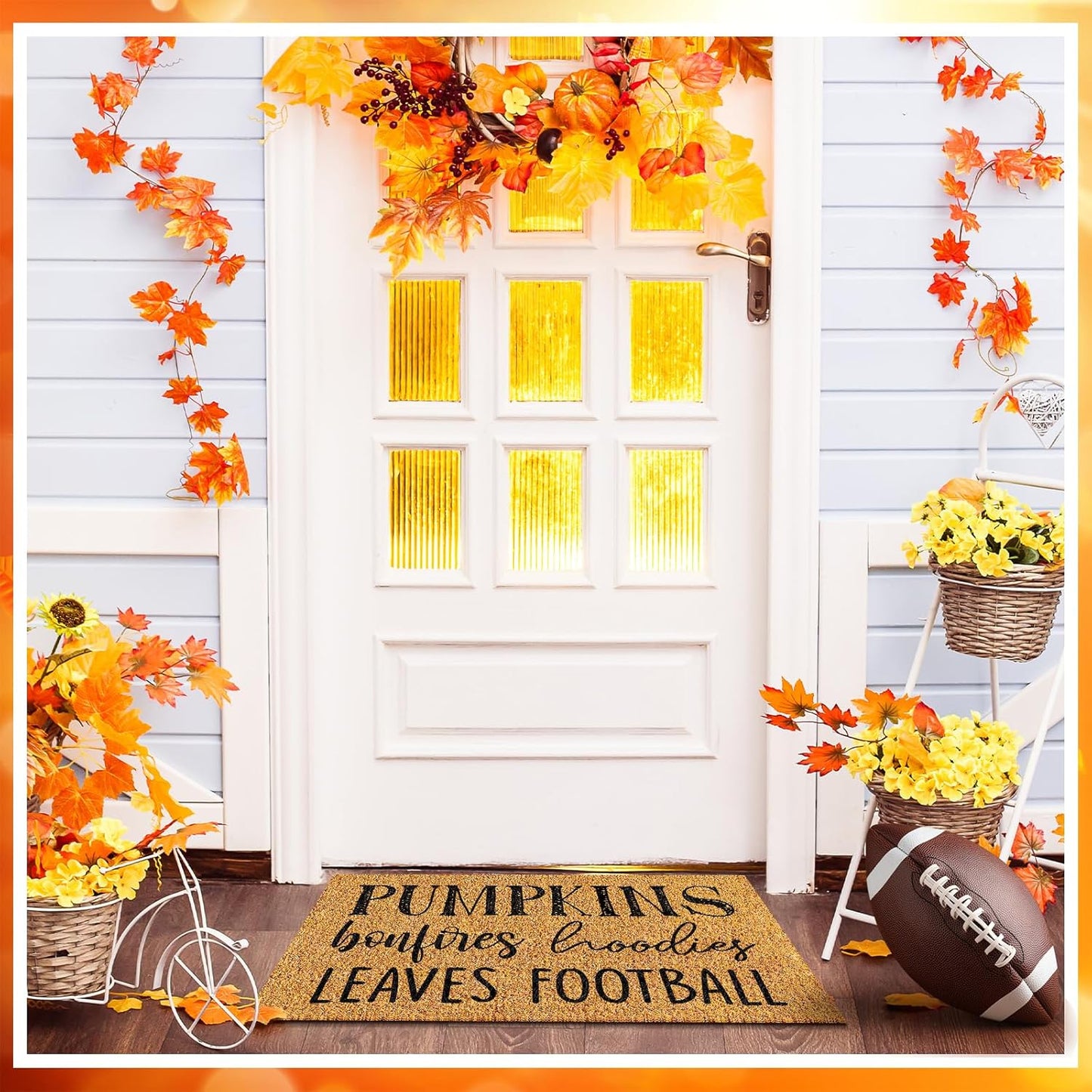 Ceenna Fall Coir Doormat Football Pumpkin Style Coir Welcome Mats Autumn Non Slip Floor Mats Thanksgiving Indoor Entrance Door Mat Porch Front Decor, 16 X 28 Inch(Pumpkin Bonfire)