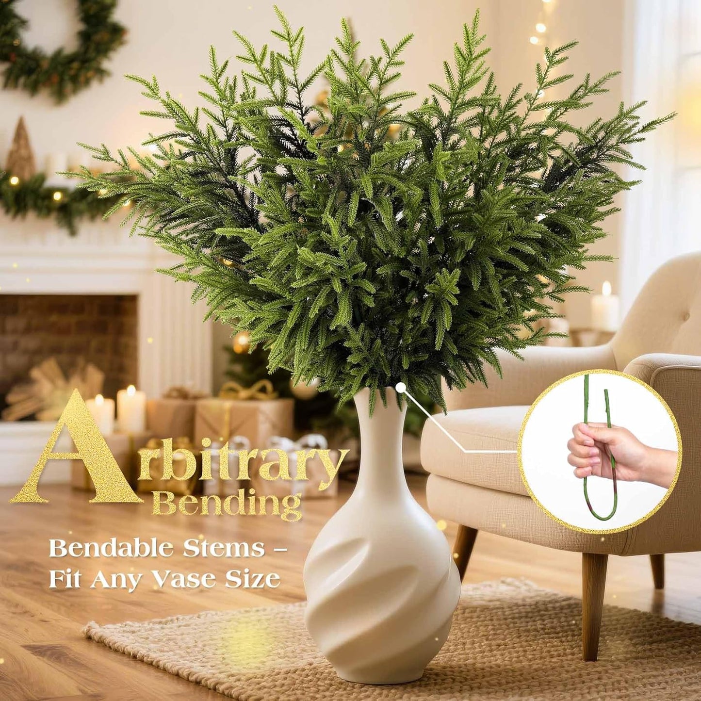 6 Pcs Christmas Norfolk Pine Branches - 36" Artificial Norfolk Branch Faux Stem Greenery Pine Picks for Vase DIY Crafts Garland Wreath Xmas Indoor Outdoor Home Decor