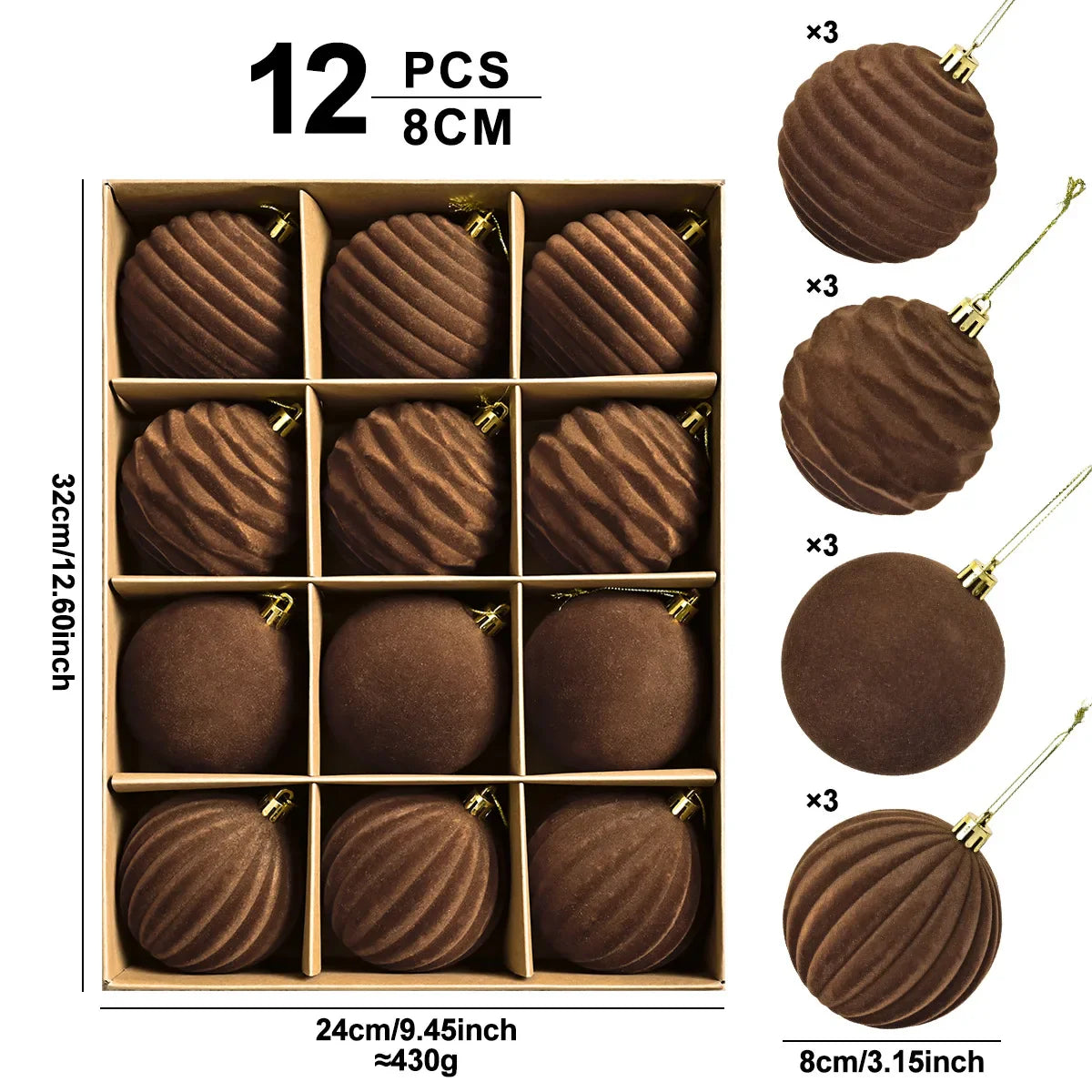 12Pcs 8Cm/3" Brown Christmas Balls Luxury Flocking Xmas Decorative Hanging Ornaments New Year Party Christmas Spheres Pendant Set